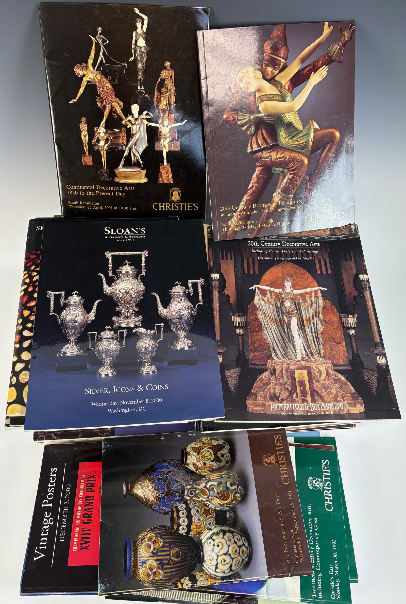Box Lot of 67 Art Nouveau & 20th Century Auction Catalogs: 67 in all, great opportunity to have these beautiful high quality early 20th century decorative arts auction catalogs from major auction houses including Christies, Butterfields, Sloans, Skinner etc