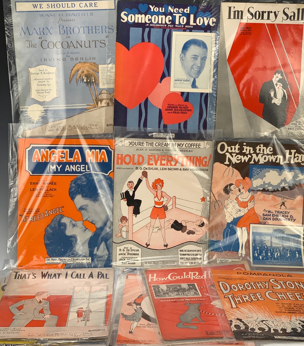 Vintage Sheet Music 25 Pieces: Most from silent screen era, many with plastic sleeves, all from a Hollywood collector, most in good condition with a few not so good condition
