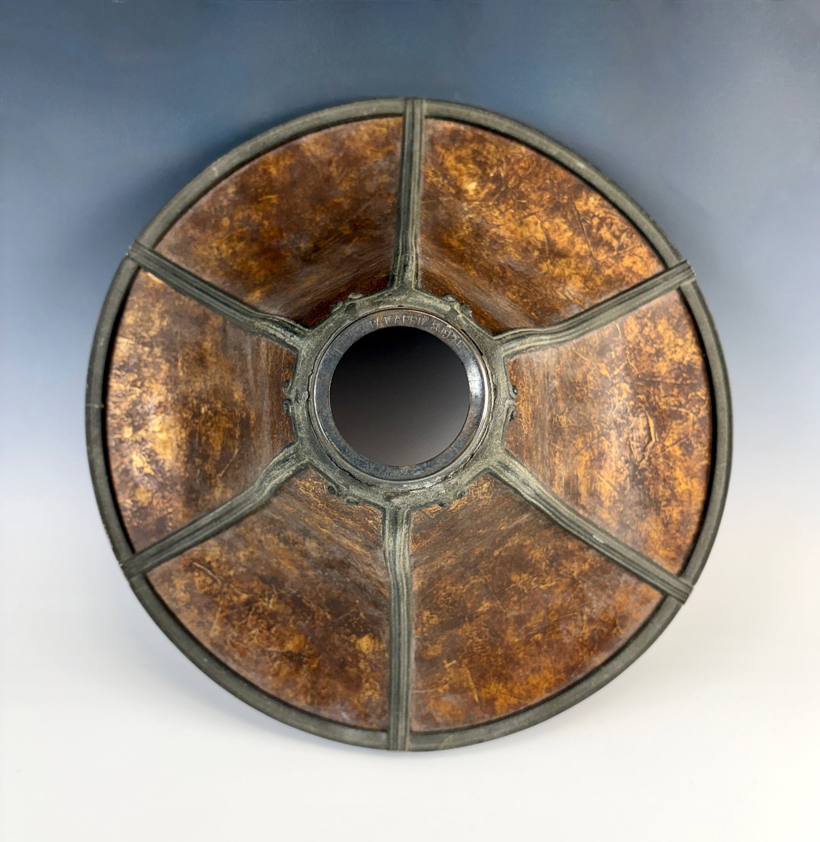 Antique Arts & Crafts 6 Panel Mica Lampshade: Dated 1924 a period arts and crafts 6 panel mica lampshade, likely designed as a floor lamp shade due to having a threaded screw connector for an upright base, one of 6 metal strips covering seams