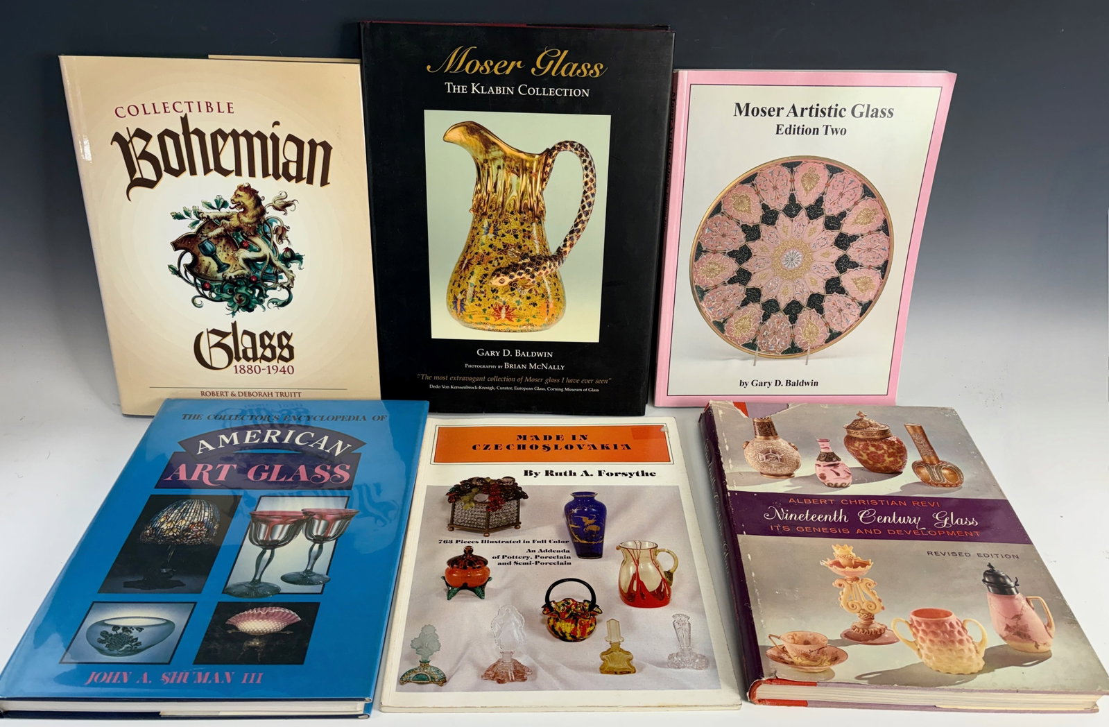6 Art Glass Reference Books: Lot of 6 includes: Nineteenth Century Glass by Revi, American Art Glass, Made in Cxechoslovakia by Forsythe, Moser Artistic Glass by Baldwin, Moser Glass, The Klabin Collection and Bohemian Glass