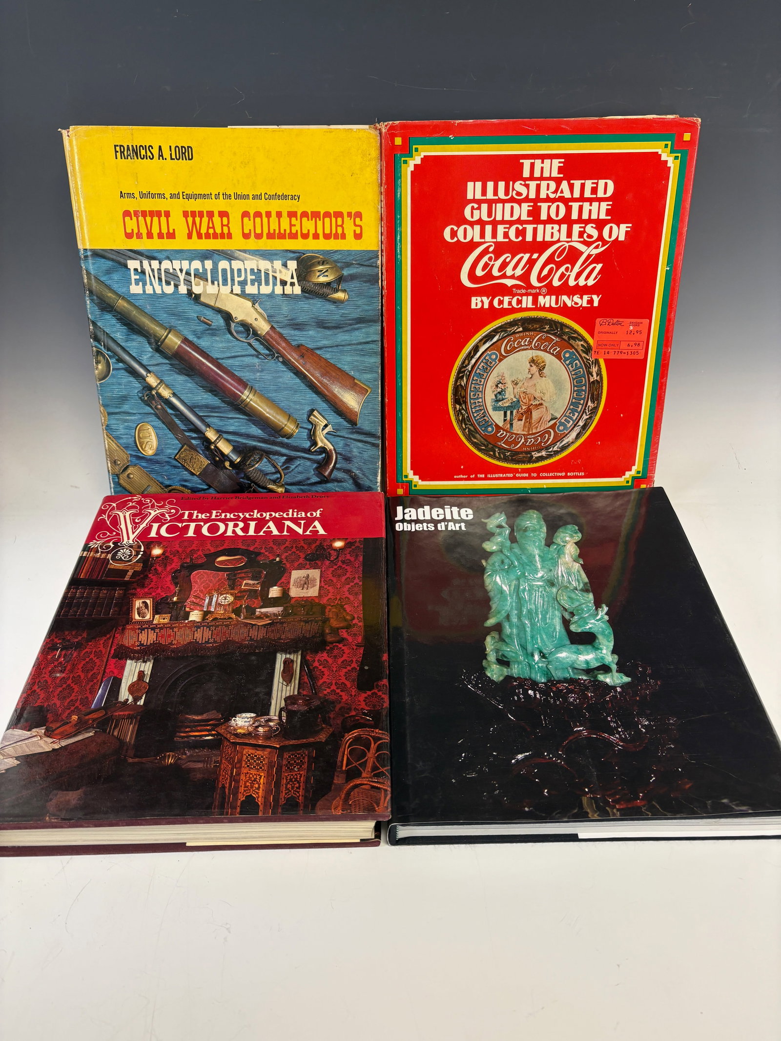 Lot of 4 Antique Reference Books: Lot of 4 books with valuable information, includes: Coca Cola Illustrated Guide, Civil War Collectibles, The Encyclopedia of Victoriana, Jadeite. All good condition