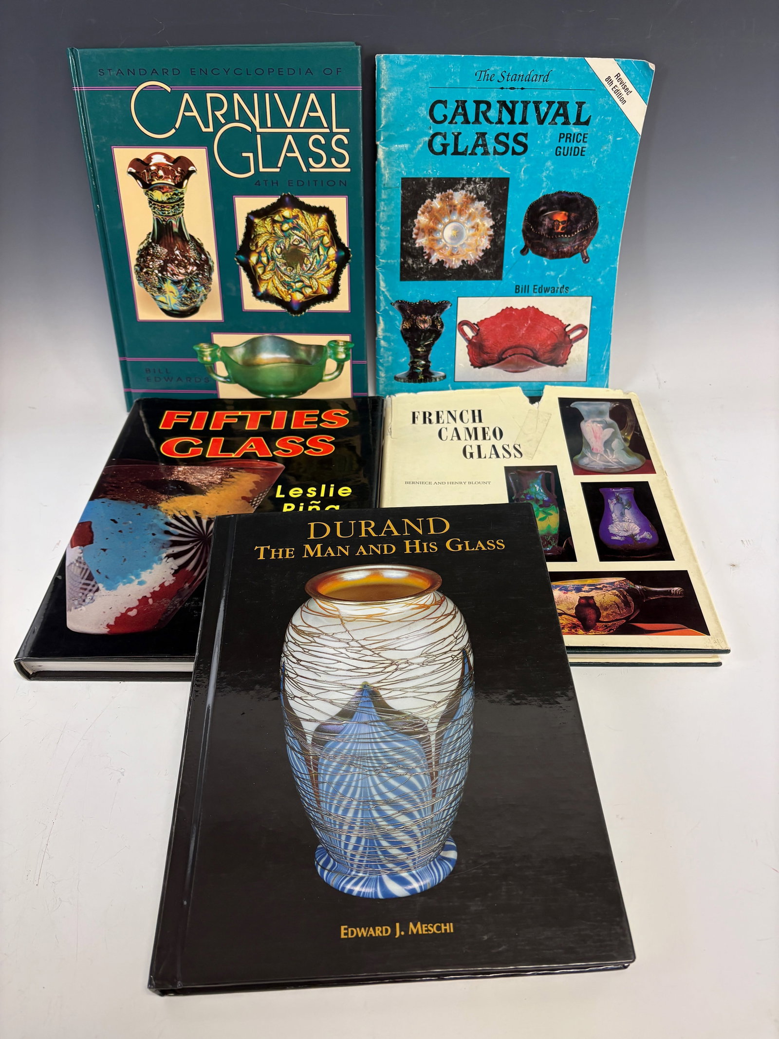 Lot of 5 Antique Glass Reference Books: Great books to have, Durand Art Glass, French Cameo Glass, Fifties Glass and 2 books on Carnival Glass, very good condition