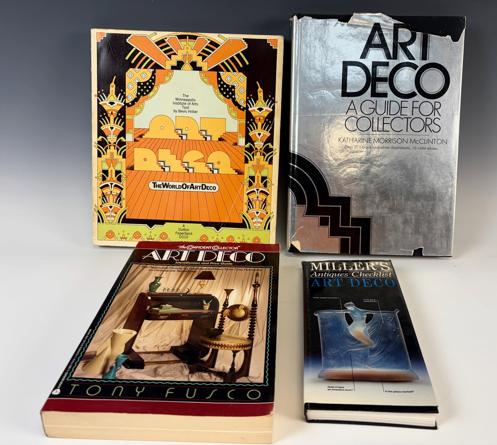 Lot of 4 Important Art Deco Reference Books: 4 essential art deco reference books includes Art Deco Identification and Price Guide by Tony Fusco, The World of Art Deco by Hillier, Miller's Art Deco and Art Deco-A Guide for Collectors by McClinto