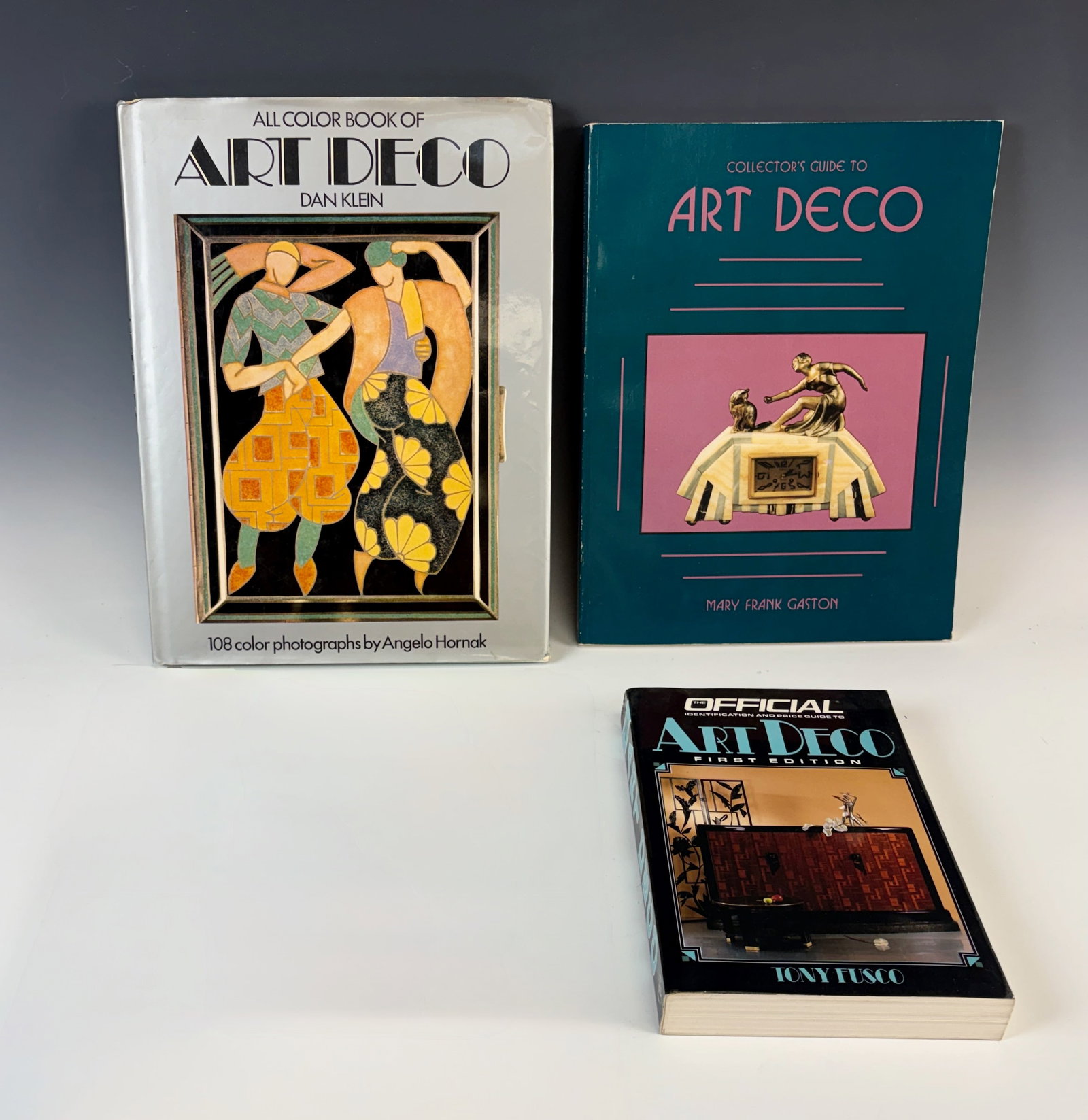 Lot of 3 Essential Art Deco Reference Books: 3 important reference books on art deco includes Art Deco by Dan Klein, A Collectors Guide to Art Deco by Gaston and Official Art Deco First Edition by Tony Fusco, all good condition, largest 11.5" x 