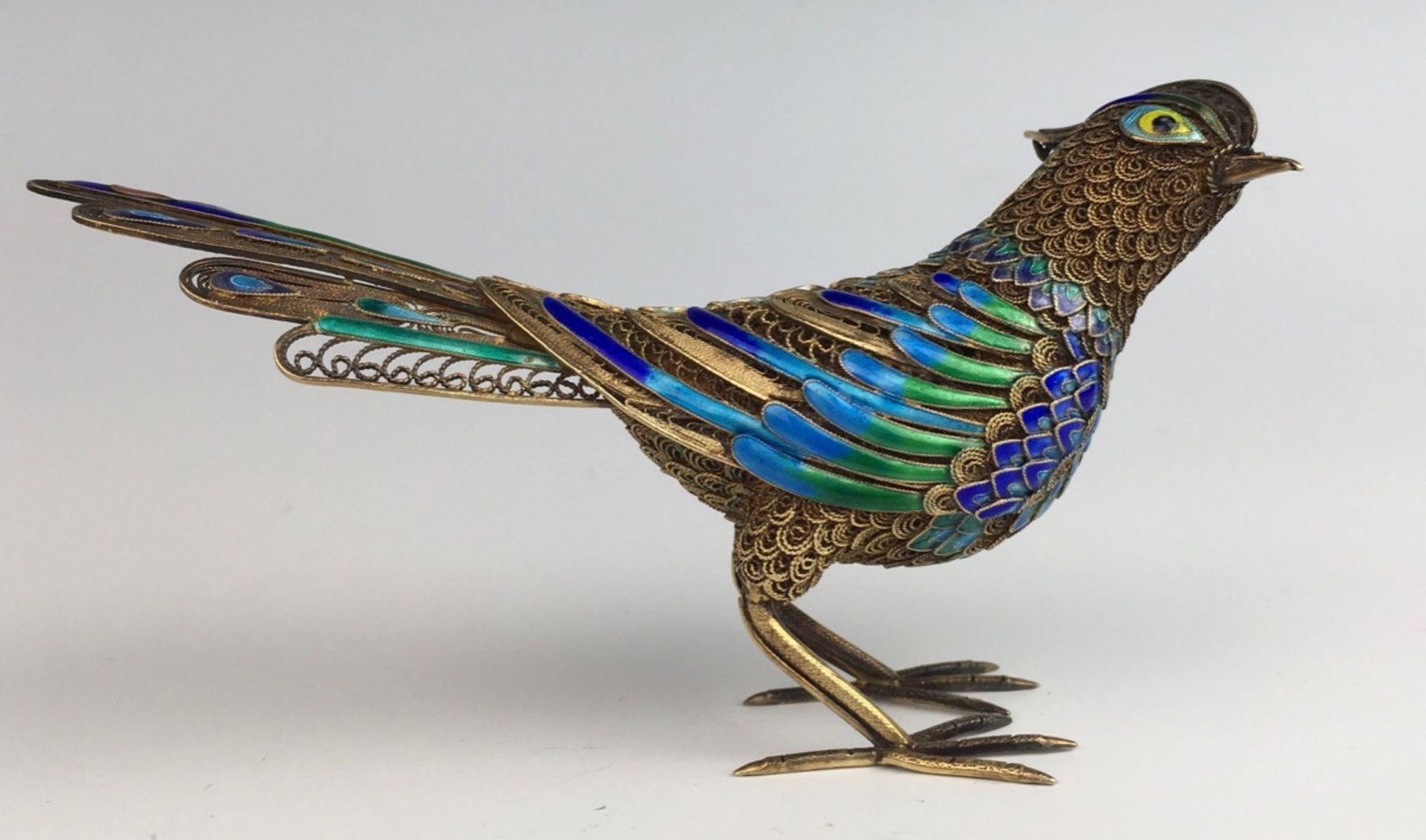 Chinese Silver & Enamel Bird Figure: Circa 1900, fine quality silver bird decorated with blue green enamel, marked silver on the foot , 72 grams, very good condition, 2.5" height