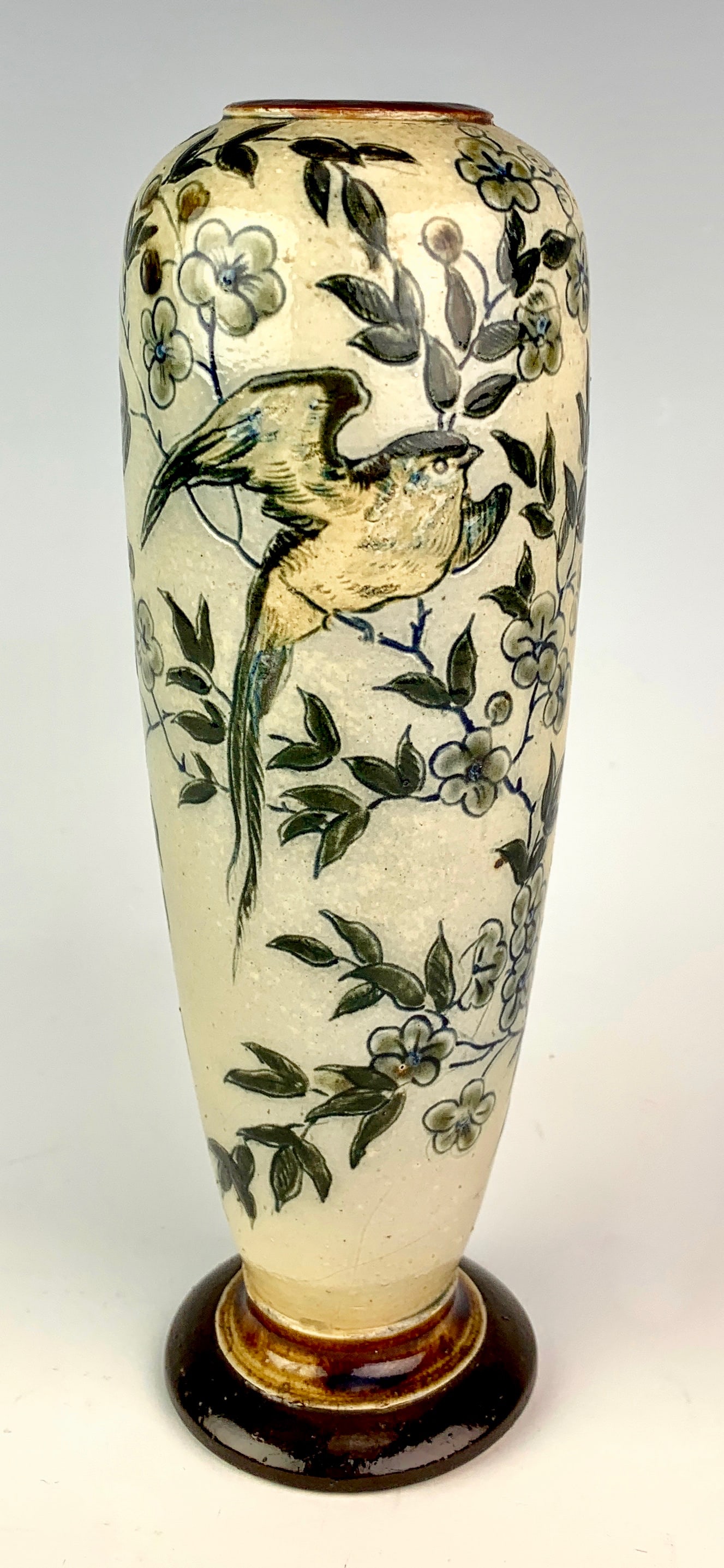 Martin Brothers Glazed Stoneware Vase C. 1900: Made in England, ovoid, enamel decorated with blossoms and birds, incised "R. M. Martin London & Southall", good condition, 7.375" height