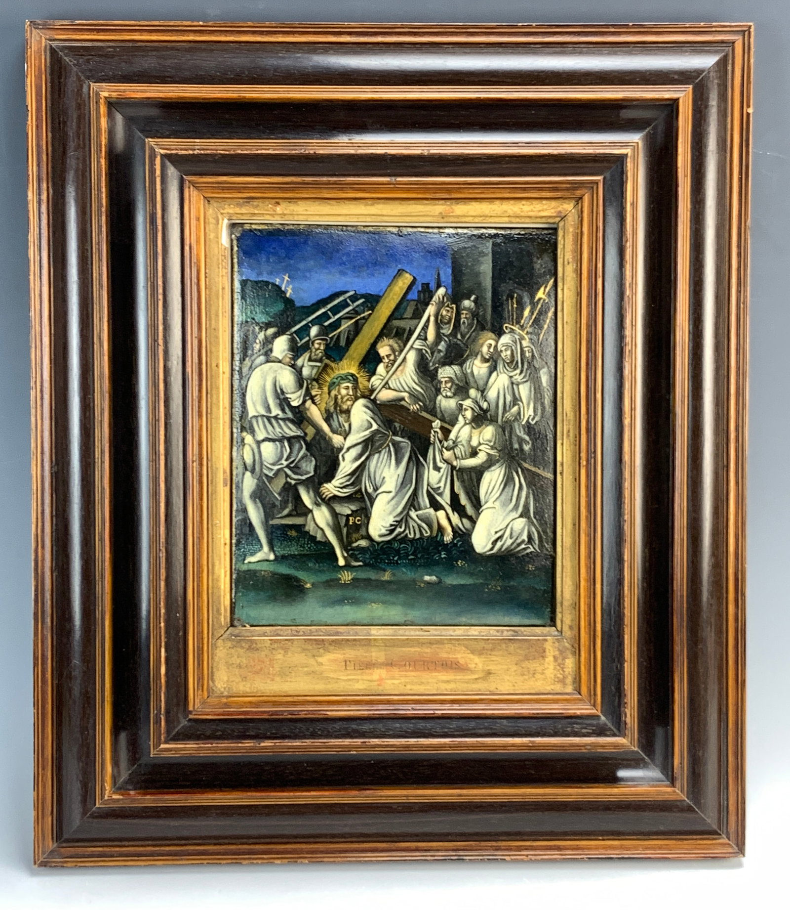 Late 19th C. Painting of Christ Carrying the Cross: In the taste of Limoges enamels, we have this very fine painting on zinc depicting Christ carrying the cross with Saint Veronica. It is signed with a monogram "PC." Beautifully done painting, mounted