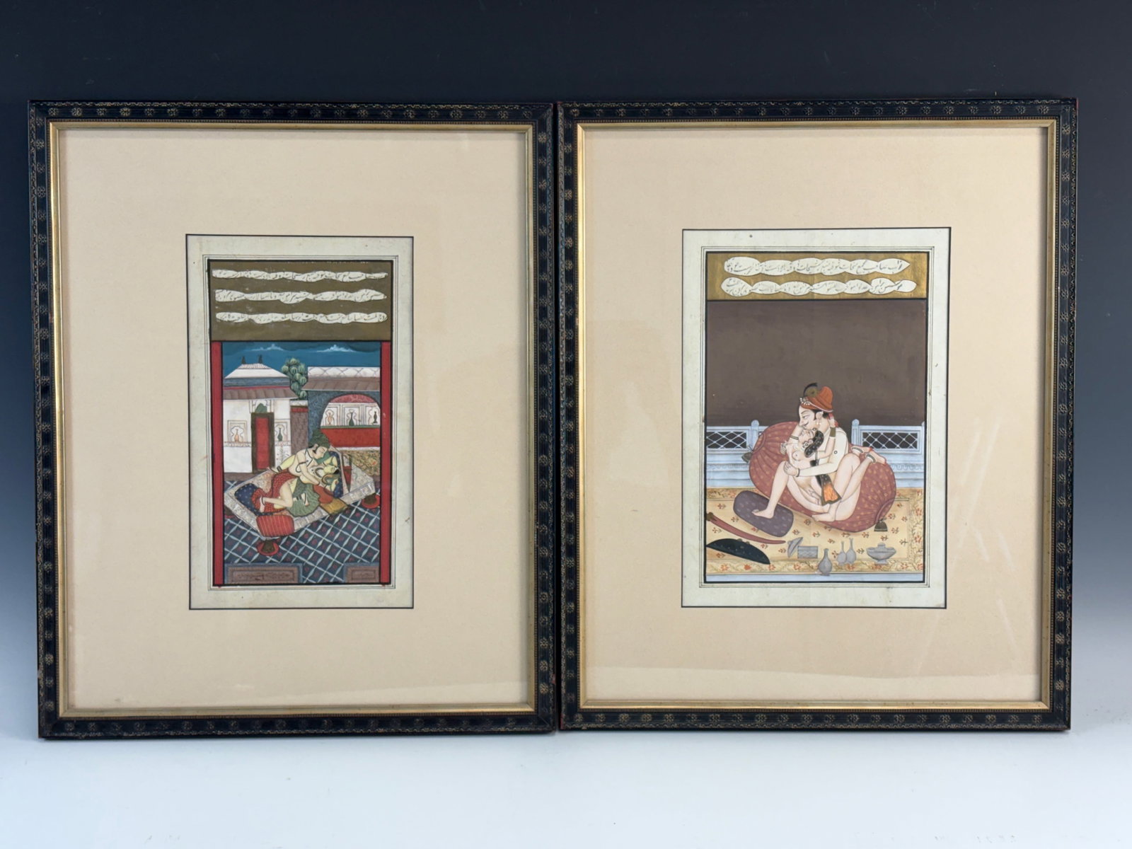 Pair Vintage Erotic Persian Manuscripts: Two erotic Persian manuscripts, both handpainted watercolors having good age, both framed with glass, very good condition, sight 9.5" x 6.5", framed 18.5" x 15"