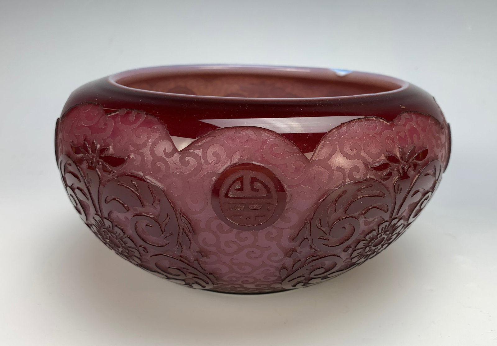 Steuben Plum Jade Acid Cut Back Bowl: Large Steuben plum jade acid cutback bowl in deep amethyst, good condition with a factory imperfection on the top lip. 8" x 4".