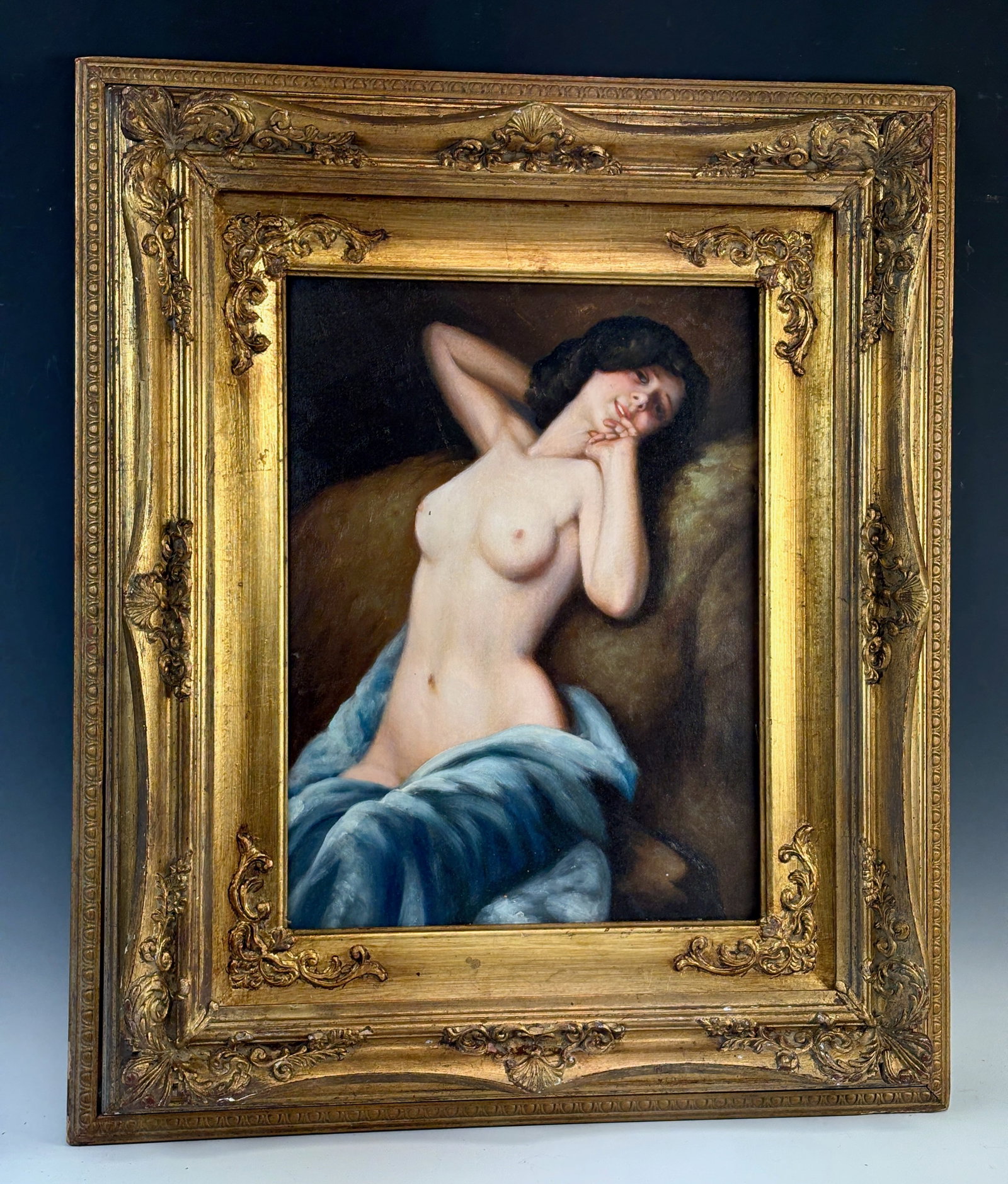 Portrait of a Nude Painting: 20th century, Italian school, oil on canvas laid down on board, unsigned, mounted into an ornate gilt frame, very good condition, sight 16" x 12", framed 25.5" x 21.5"