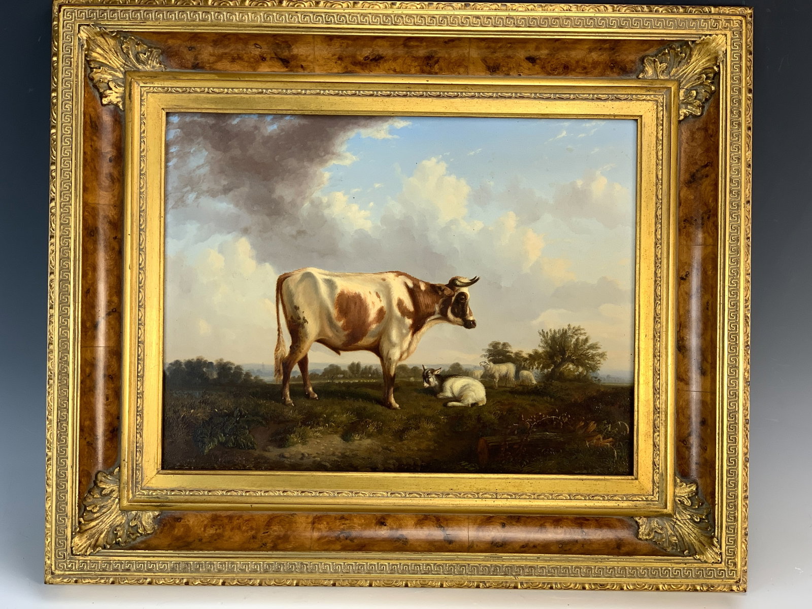 J. Vojave Painting Cow & Sheep d.1851: Dated 1851 and signed lower left by the artist J. Vojave. Vojave was a student of Eugene Verboeckhoven. This fine oil on panel painting depicts a cow with sheep in a landscape, mounted in a beautiful 