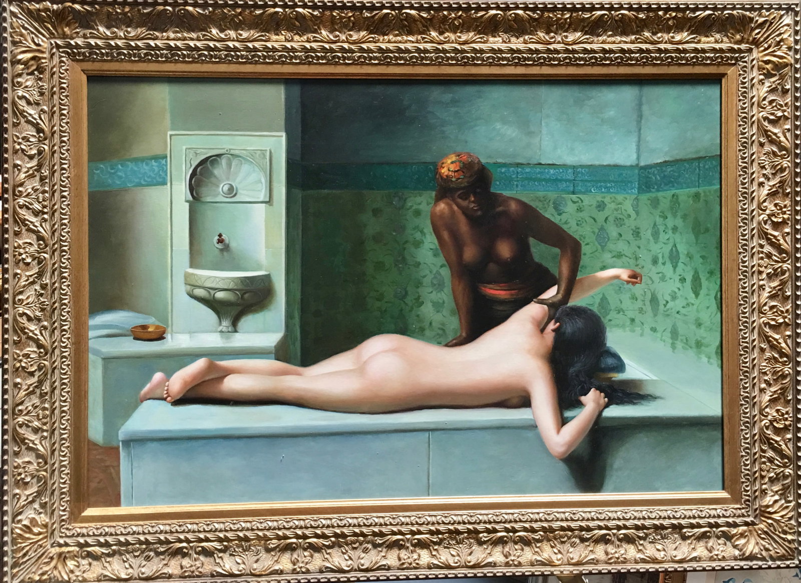 Nude Getting a Massage 20th Century Painting: Oil on canvas,well painted large modern painting depicting a nude female getting a massage by the attendant, very good condition, Size: 24" x 36", 32" x 44" with frame.