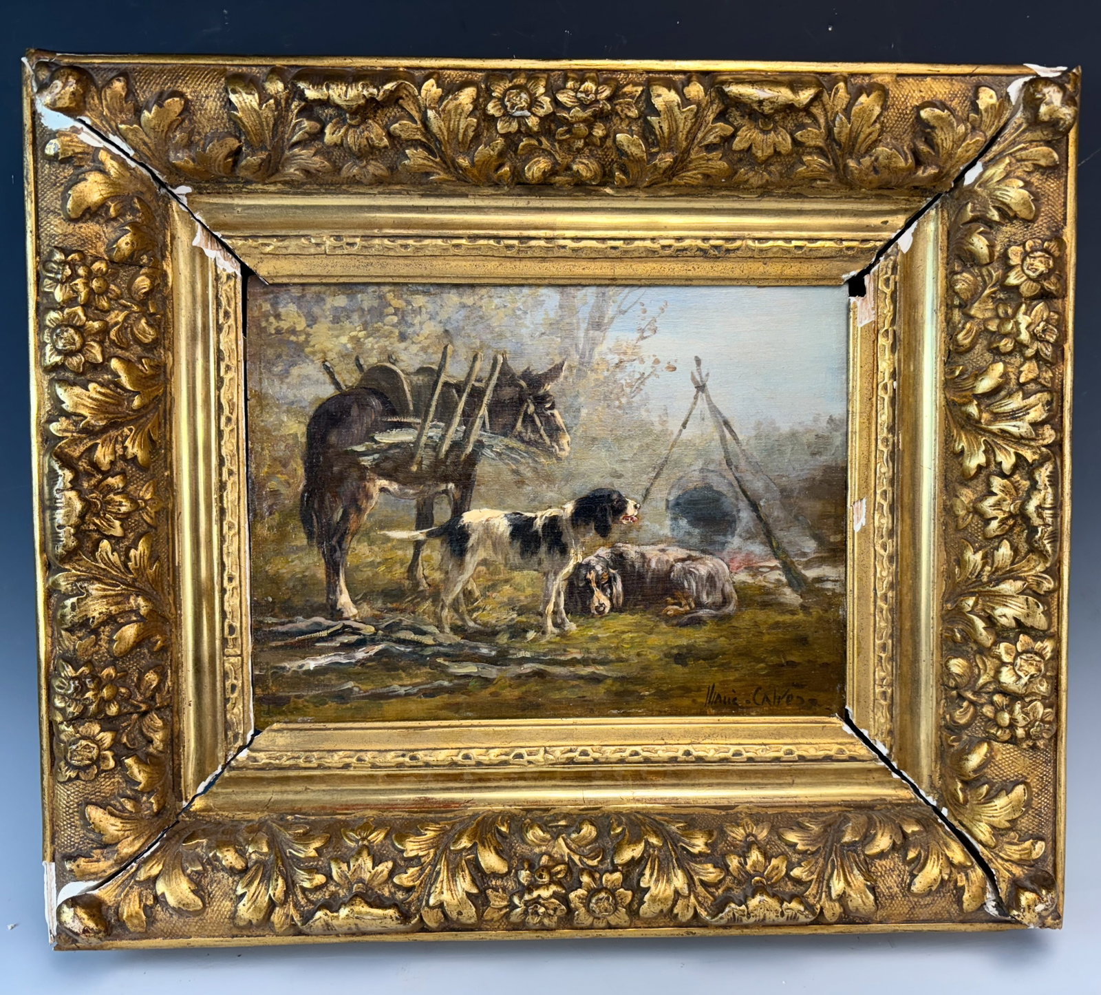 Marie Calves Hunting Scene w Donkey Painting: Circa 1915, Marie Didiere Calves (1883-1957), a well done oil on board of two dogs and a donkey in landscape by this well listed artist known for her hunting scenes, signed lower right, with original