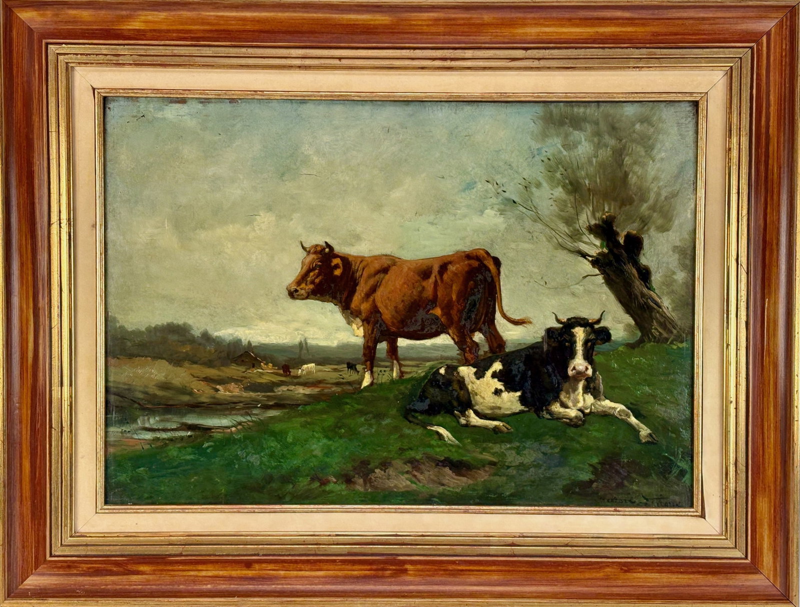 Theodore LeVigne Painting of Grazing Cattle: Theodore LeVigne (1848-1912) pastoral landscape with cows, oil on board, signed lower rights, mounted in a darkened wooden frame, sight 15.75" x 22", framed 22" x 18.5", very good condition