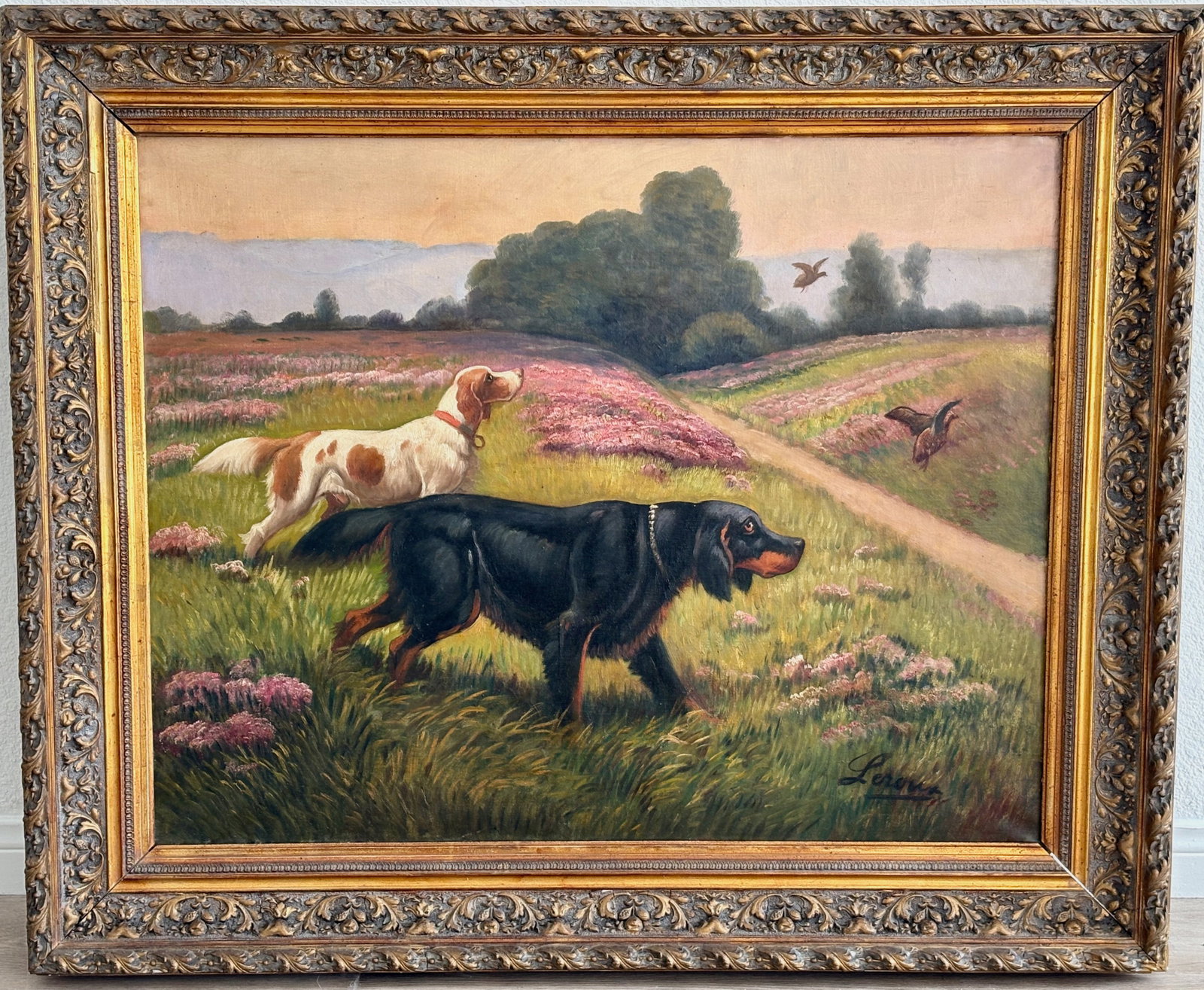 Leroux Painting of Hunting Dogs in the Field: Circa 1880, large oil on canvas of hunting dogs in the field with pheasants, signed "Leroux", mounted into an ornate gilt frame, possibly an illustration, sight 28.75" x 36", framed 38" x 45.5", patch