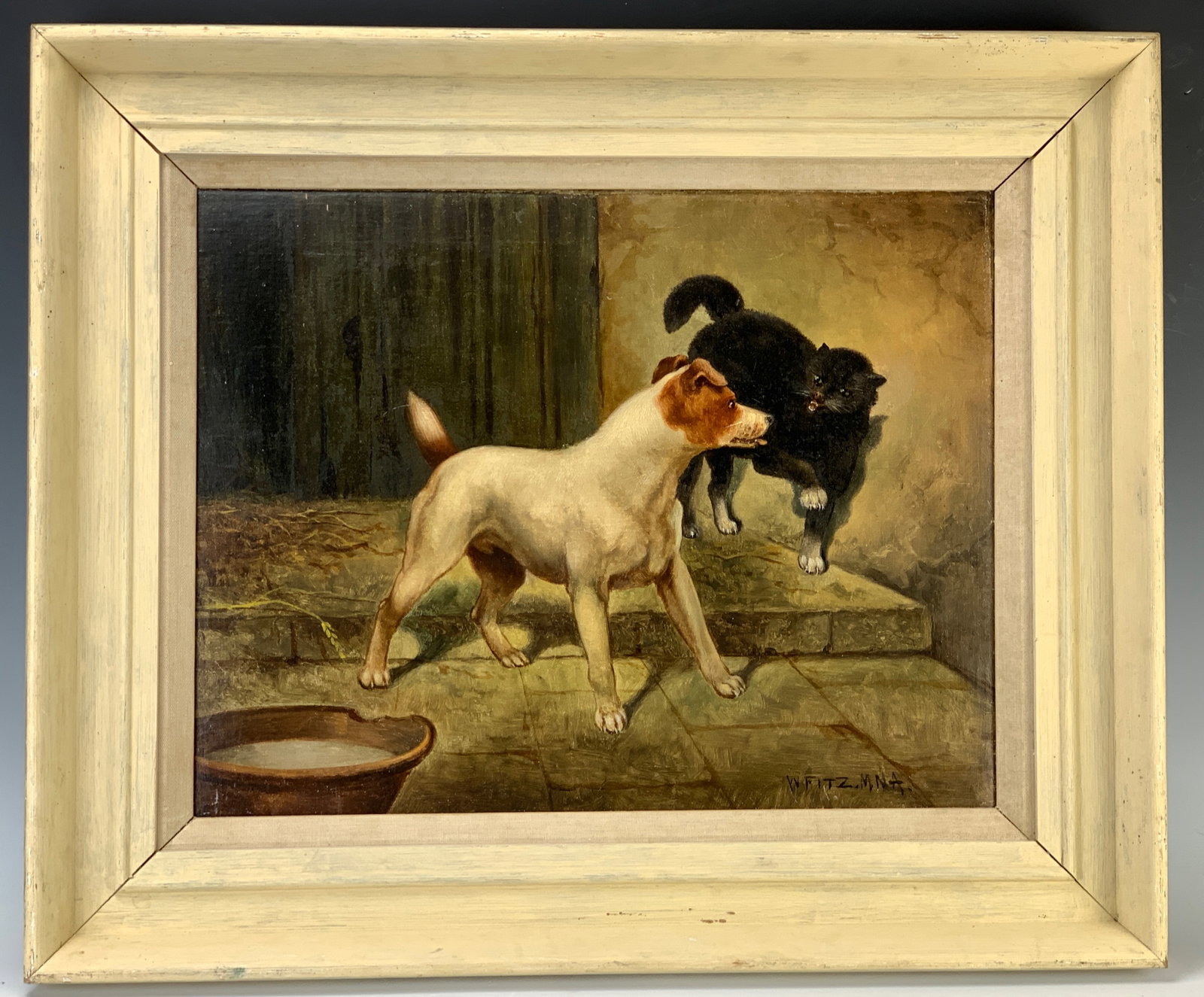 William Fitz Dog Painting "A Heated Exchange": Circa late 19th century, William Fitz (1880-1915) oil on canvas, scene of a dog having a heated exchange, signed on lower right "W. Fitz, MNA", mounted in a painted white frame, very good condition,