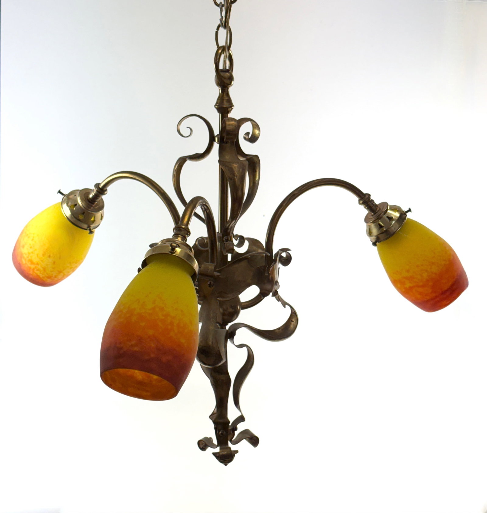Antique French Chandelier with Muller Fres Shades: Circa 1900, French art nouveau brass hanging chandelier having 3 arms supporting 3 yellow to russet Muller Fres art glass shades, all signed , very good condition, rewired, 22: tall without chain