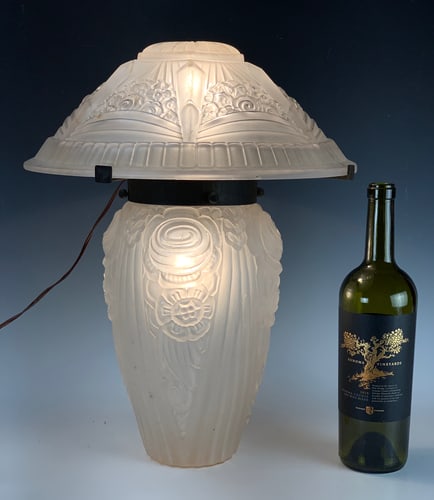 Large Art Deco Frosted Glass Table Lamp: Circa 1920, Art Deco art glass table lamp with original shade and matching glass base. Good condition, no problems. good condition. *Electrical warning: wiring should be inspected before use. 17"