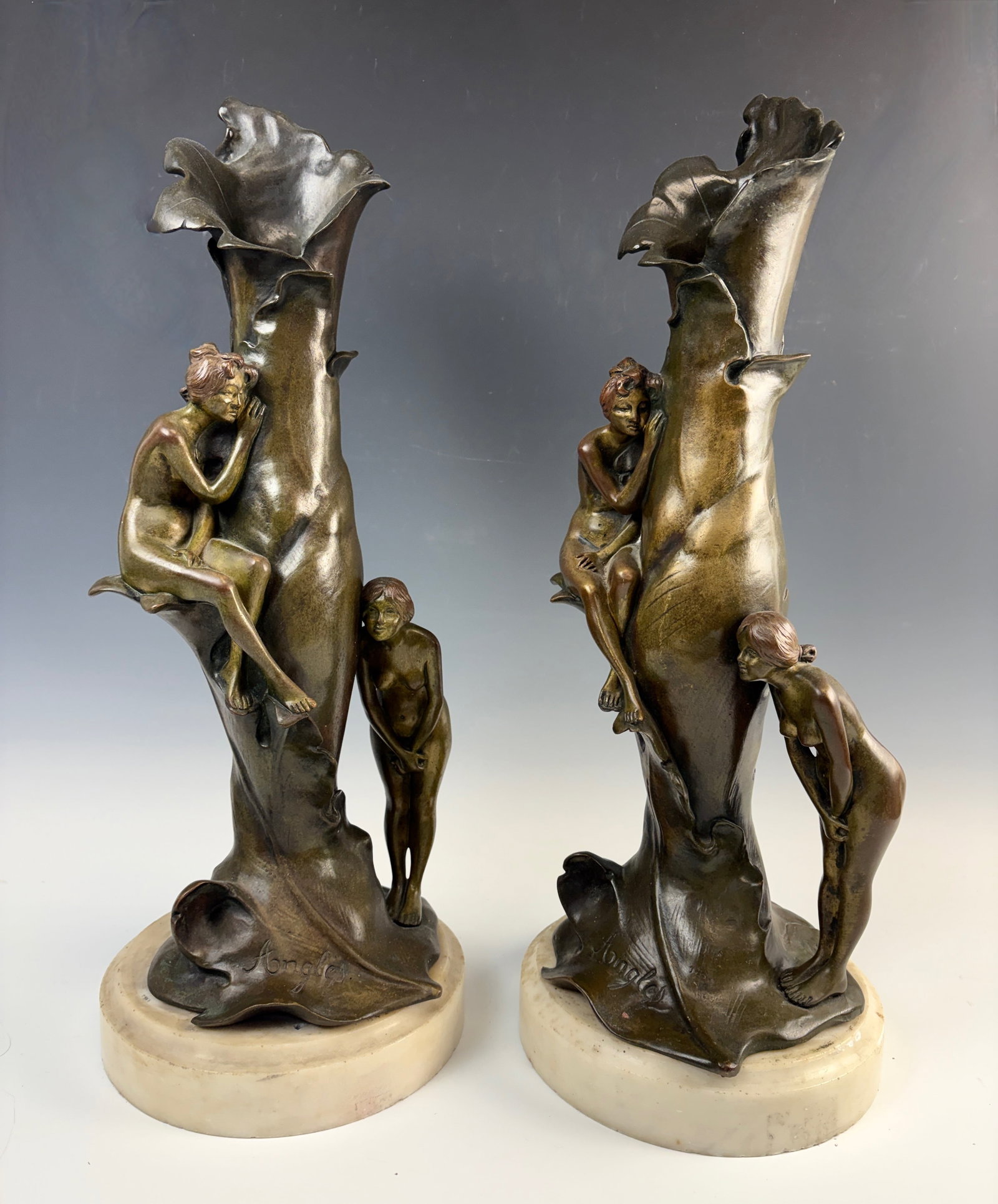 Joaquim Angles Pr Bronze Art Nouveau Figural Vases: Joaquim Angles (1859-1911), Circa 1890, wonderful signed pair of matching bronze antique art nouveau figural vases each with high relief decoration of maidens resting upon foliage, mounted atop