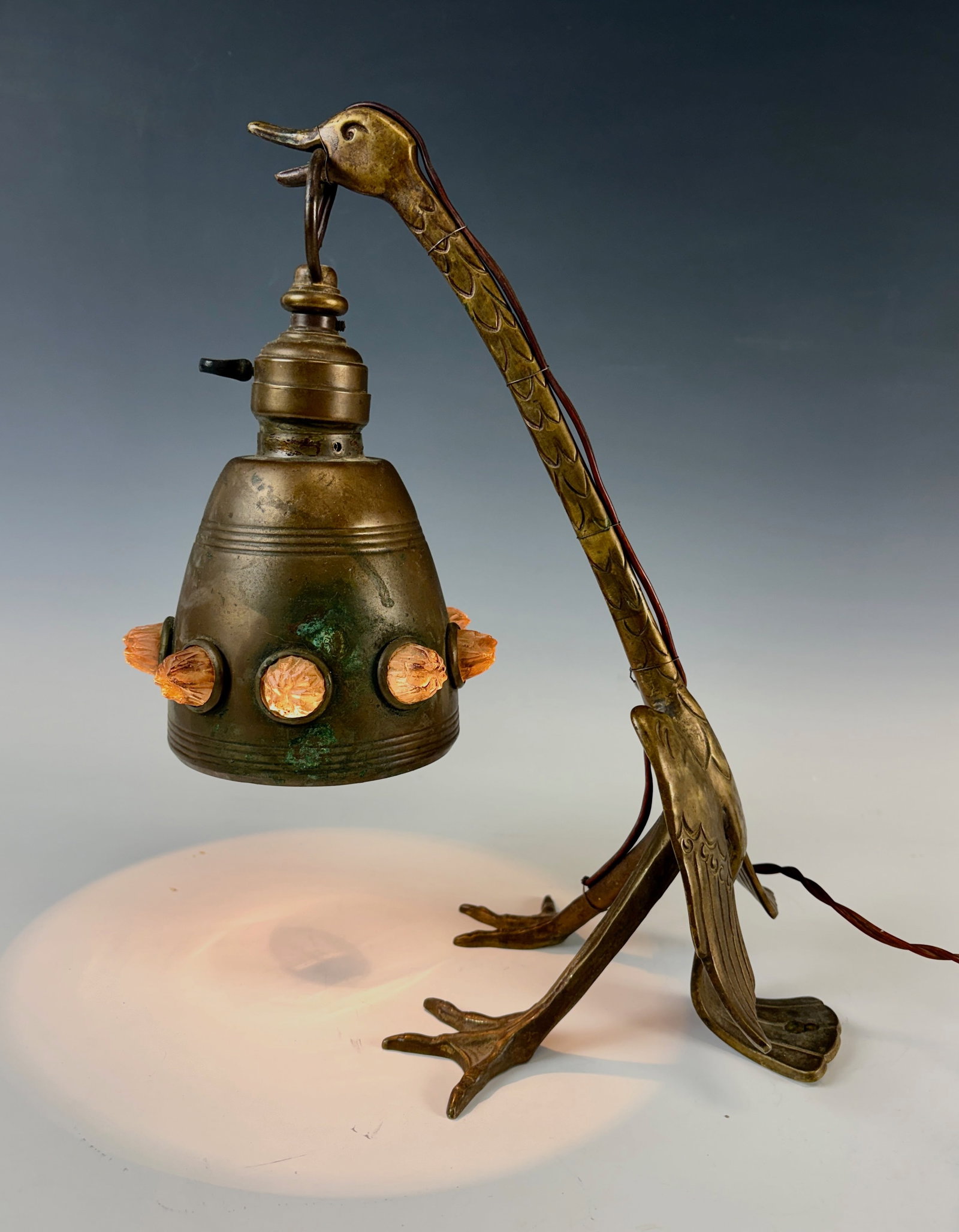 Arts & Crafts Bronze Bird Lamp with Jewels (1 of 6)