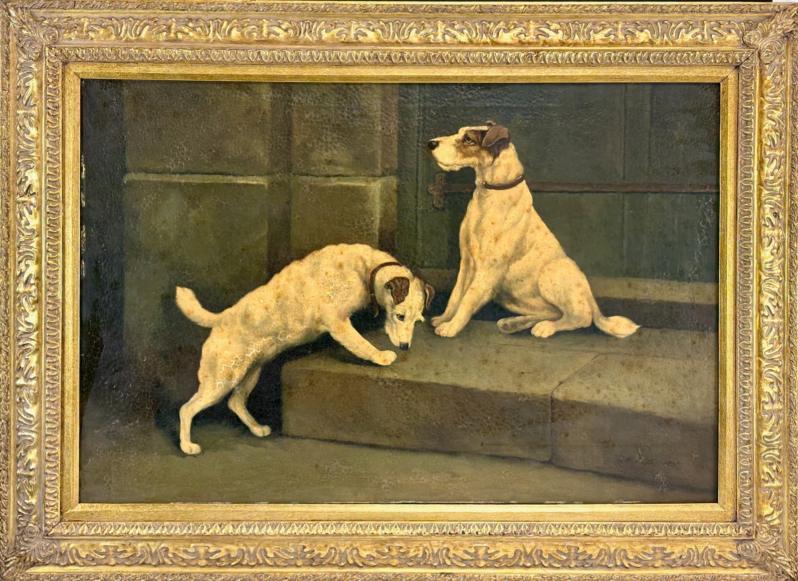 Dog Painting of White Terriers sgd N. Jacobs: Late 19th century, large well done oil on canvas of two white terriers mounted in a beautiful ornate gold toned frame, signed N. Jacobs, minor craquelure and yellowed varnish darkened by time but good