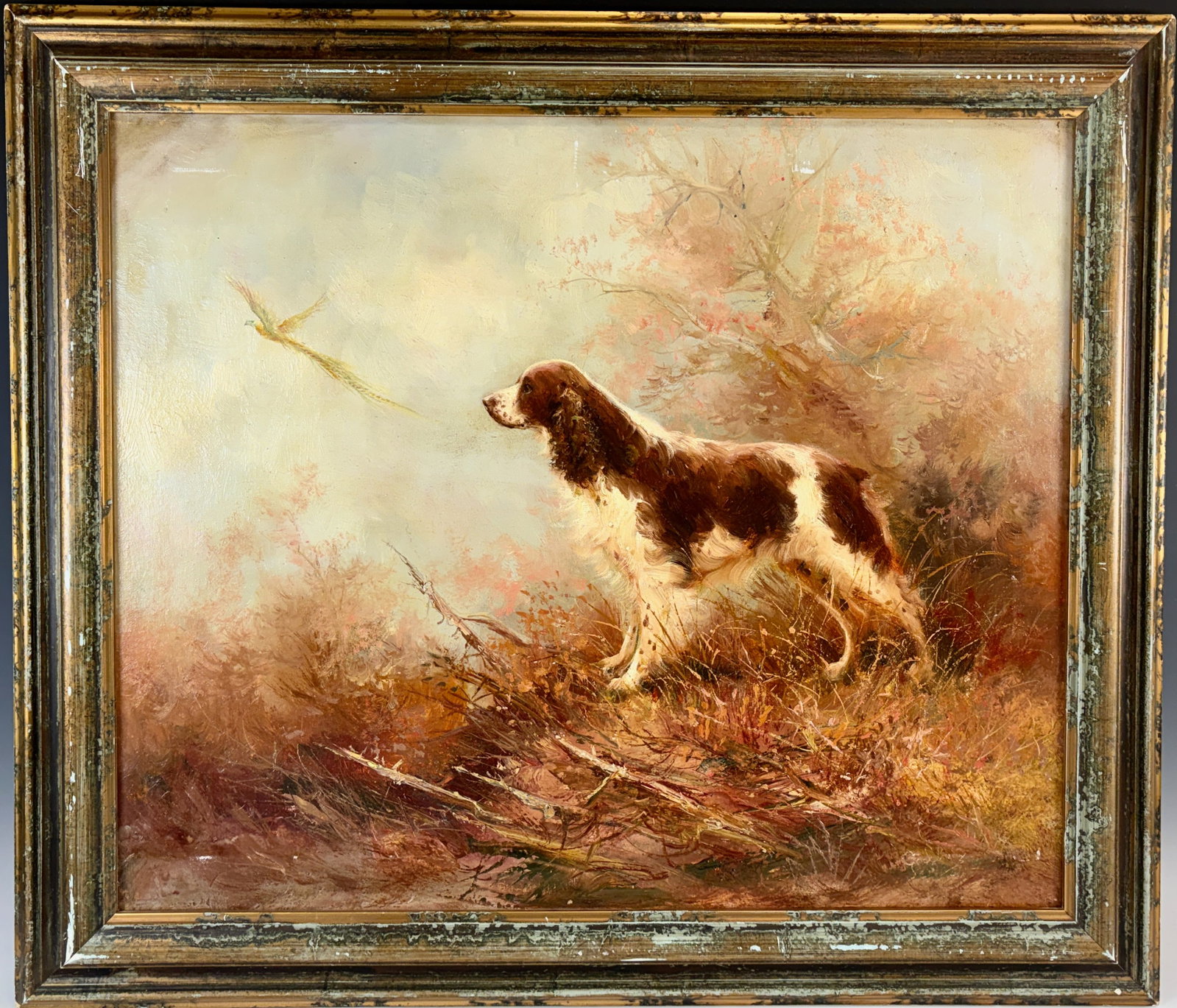 Alfred Godchaux Dog Painting of Spaniel: Alfred Godchaux (France 1835-1895), oil on canvas of a spaniel on the hunt with a bird in flight in the distance, signed "Godchaux" l.l., good condition, frame with light scratches, sight 24" x 20", f