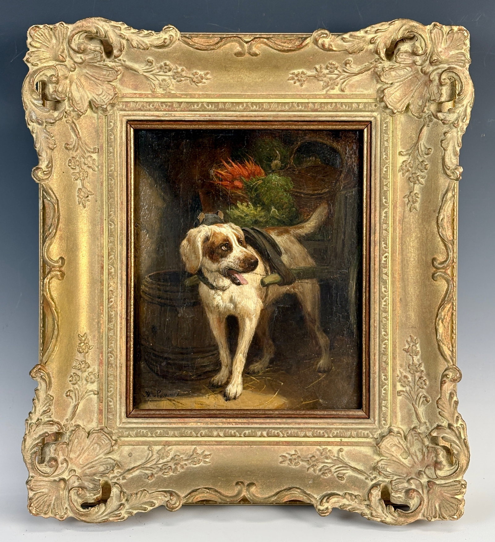 Henriette Ronner Knip Dog Painting: Henriette Ronner Knip (Dutch 1821-1909) charming oil on board of a dog pulling a cart, signed l.l. "H Ronner', mounted into a Louis XV style frame, very good condition, sight 7.25" x 5.75", framed 12"