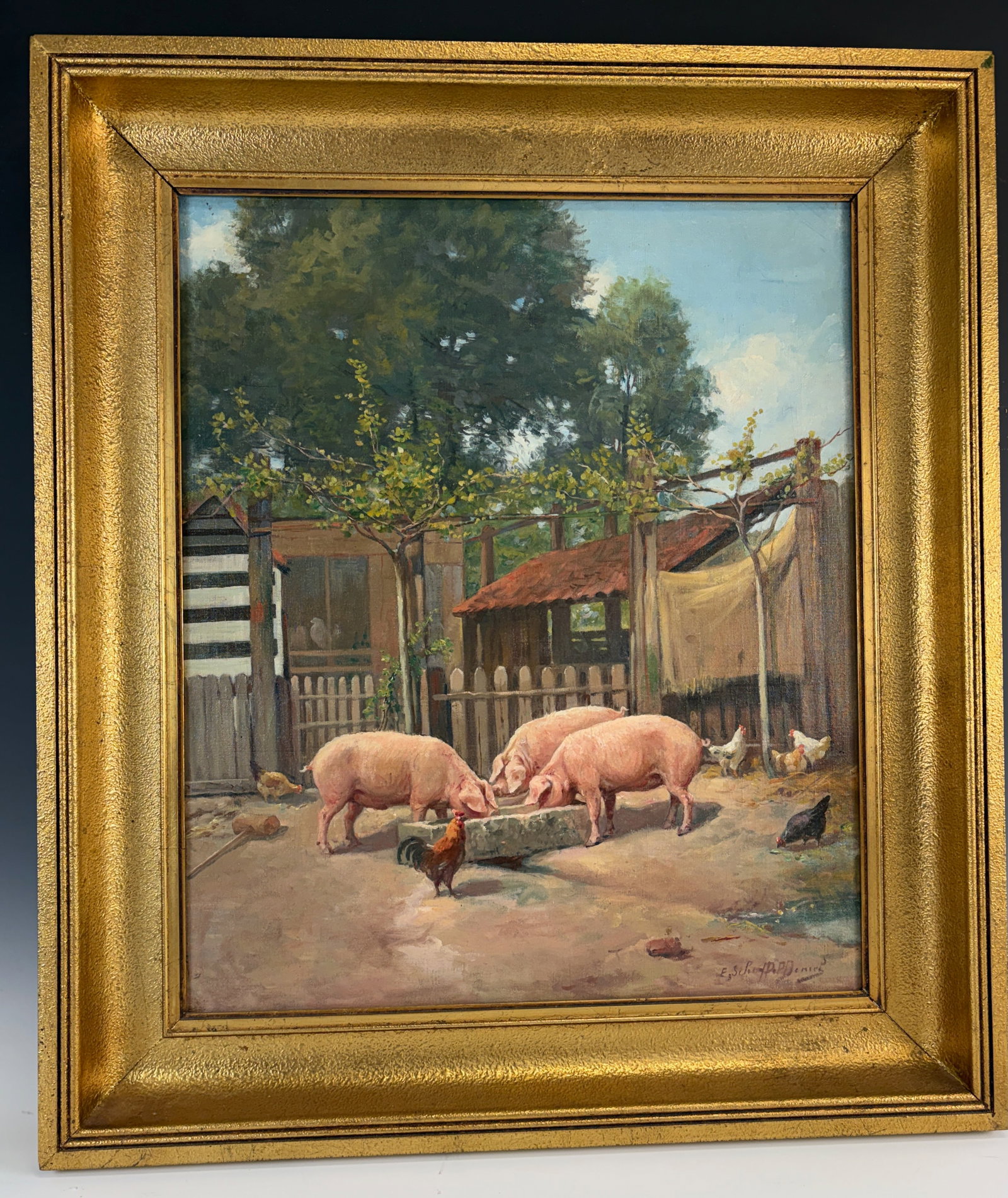 Antique Painting with Pigs & Chickens: Circa 1900, oil on canvas depicting rural life, a wonderful farm scene with pigs and chickens, illegebly signed, mounted into a pre 1900 gilt frame, very good condition, sight 21.5" x 18", framed 25" 