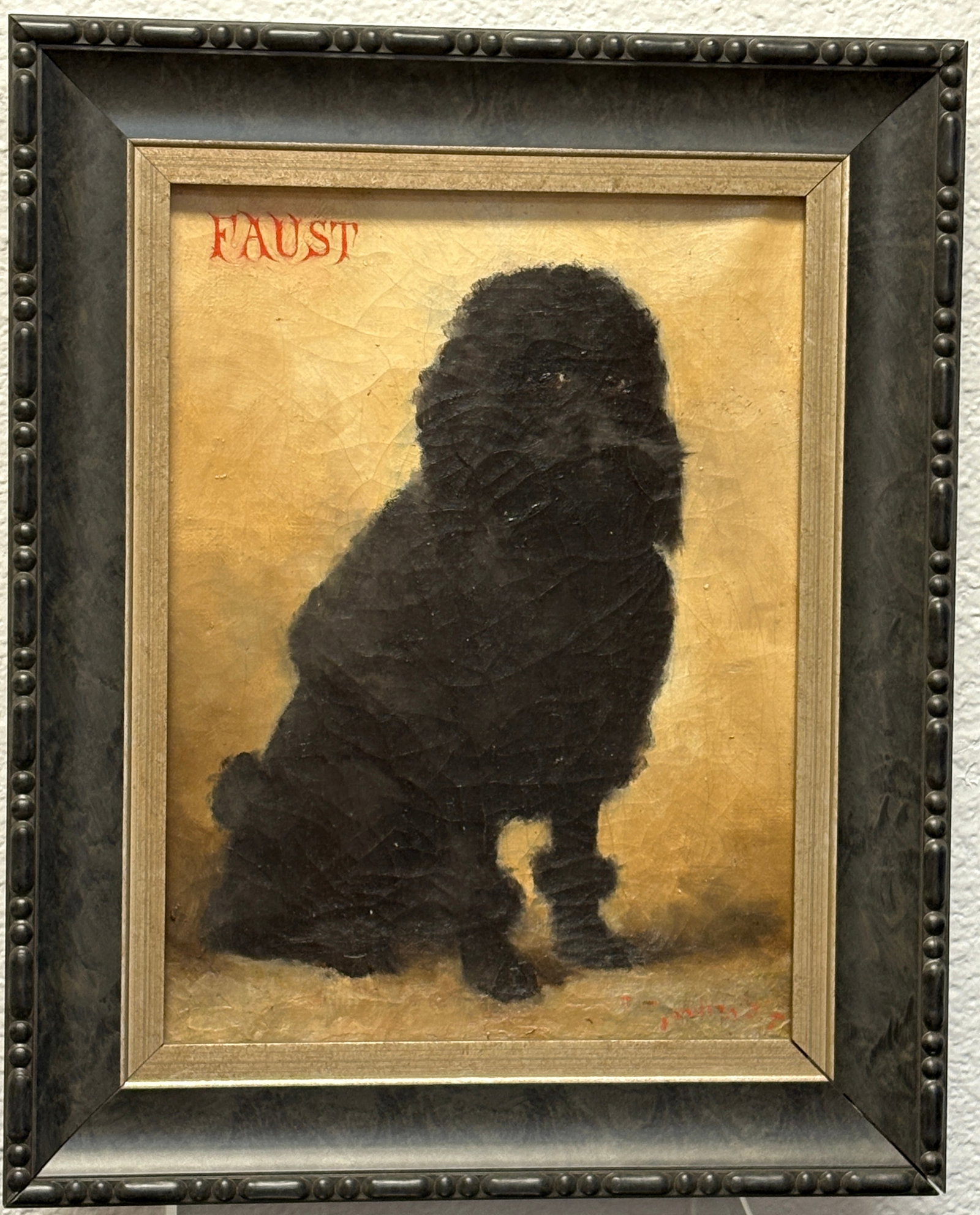 Late 19th c. oil on canvas A Black Poodle "Faust": An adorable painting of a black poodle titled "Faust" in the upper left corner, signature lower right is illegible. Poodle dog paintings rarely come onto the market, sight 12.75" x 9.75, w/ frame 16.2