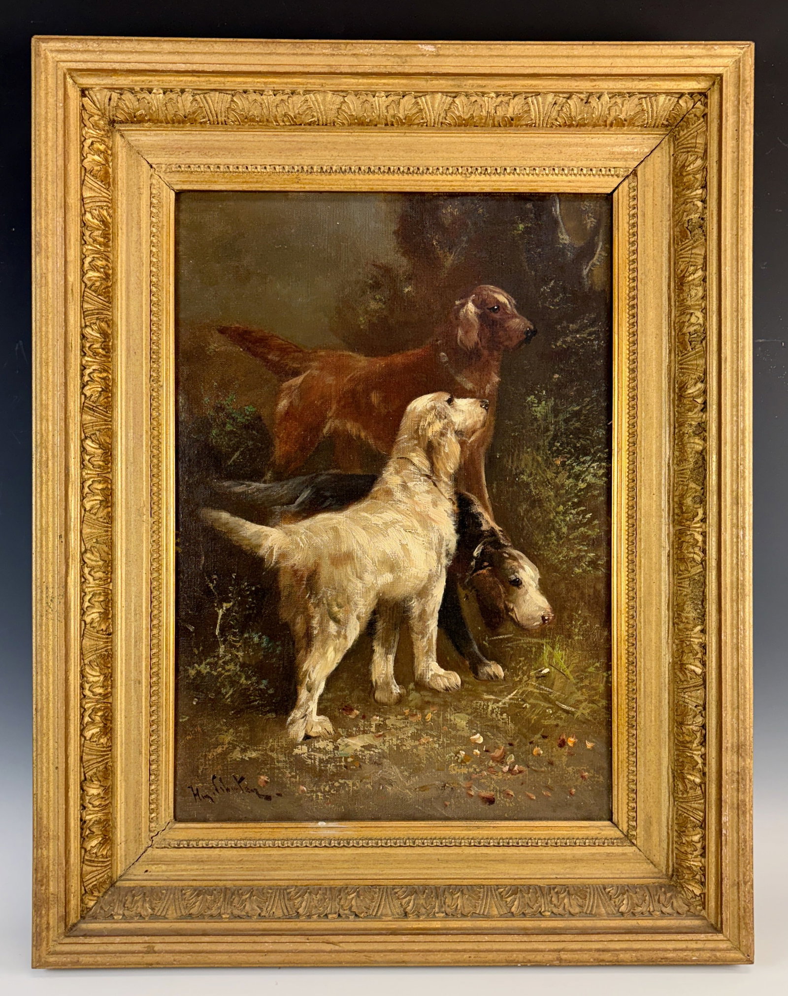 Henry Schouten Painting of Resting Dogs: Henry Schouten (1857-1927) Circa 1880, oil on canvas depicting three resting hunting dogs in the landscape. Schouten is most well known for his paintings of dogs and cows. Signed l.l. "H Schouten", ve