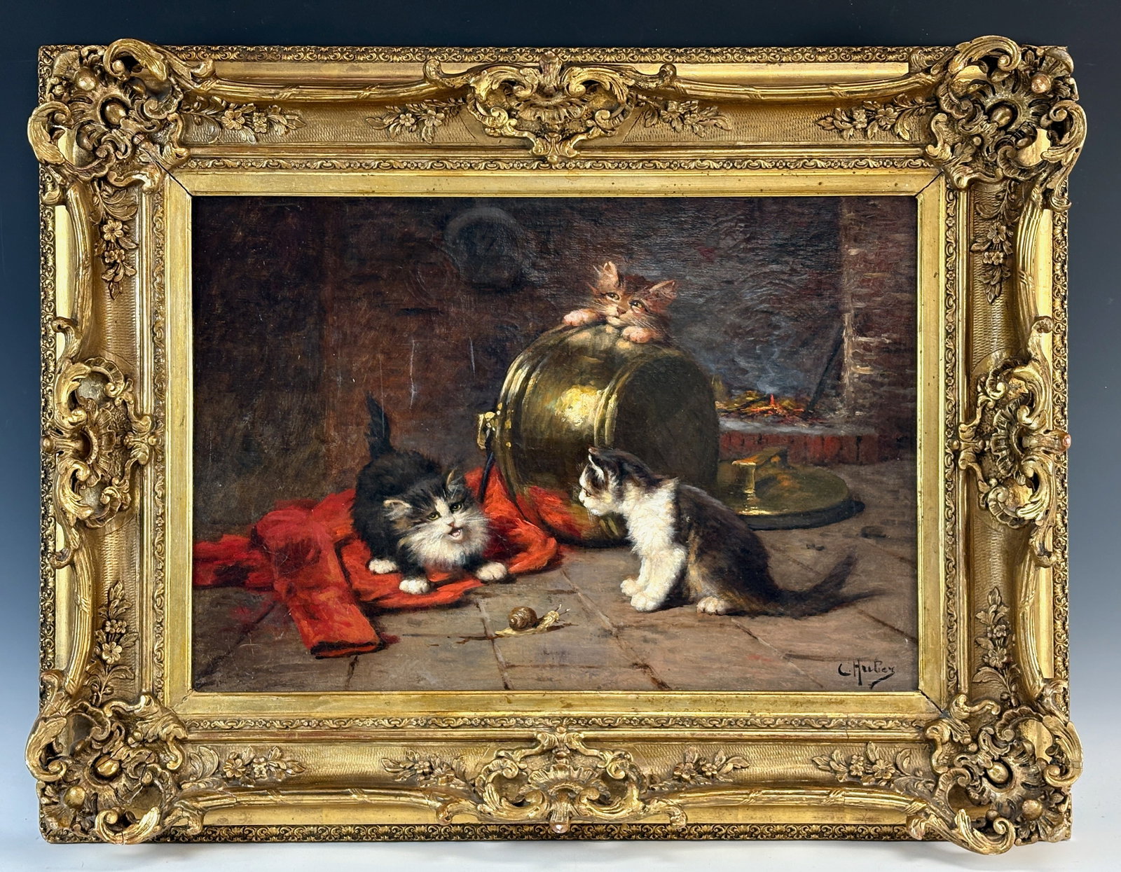 Leon Huber Kittens Playing Painting: Leon Charles Huber (French, 1858–1928) oil on canvas, wonderful painting of a group of playful kittens in an interior with fireplace, mounted into a gilt Louis XVI style frame with shell and foliate