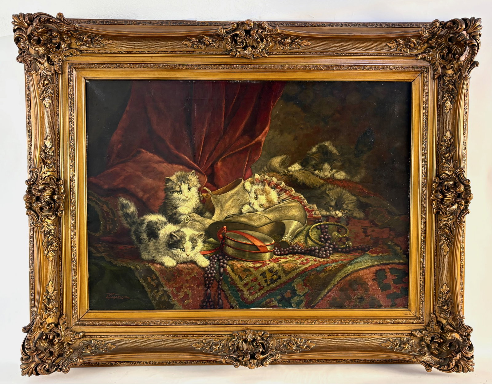 Cornelis Raaphorst Painting "Playful Kittens" sgd: Cornelis Raaphorst (Dutch 1875-1954) oil on canvas, signed lower left, large charming painting of kittens by well listed artist best known for his cat paintings. He was inspired by the work of Henriet