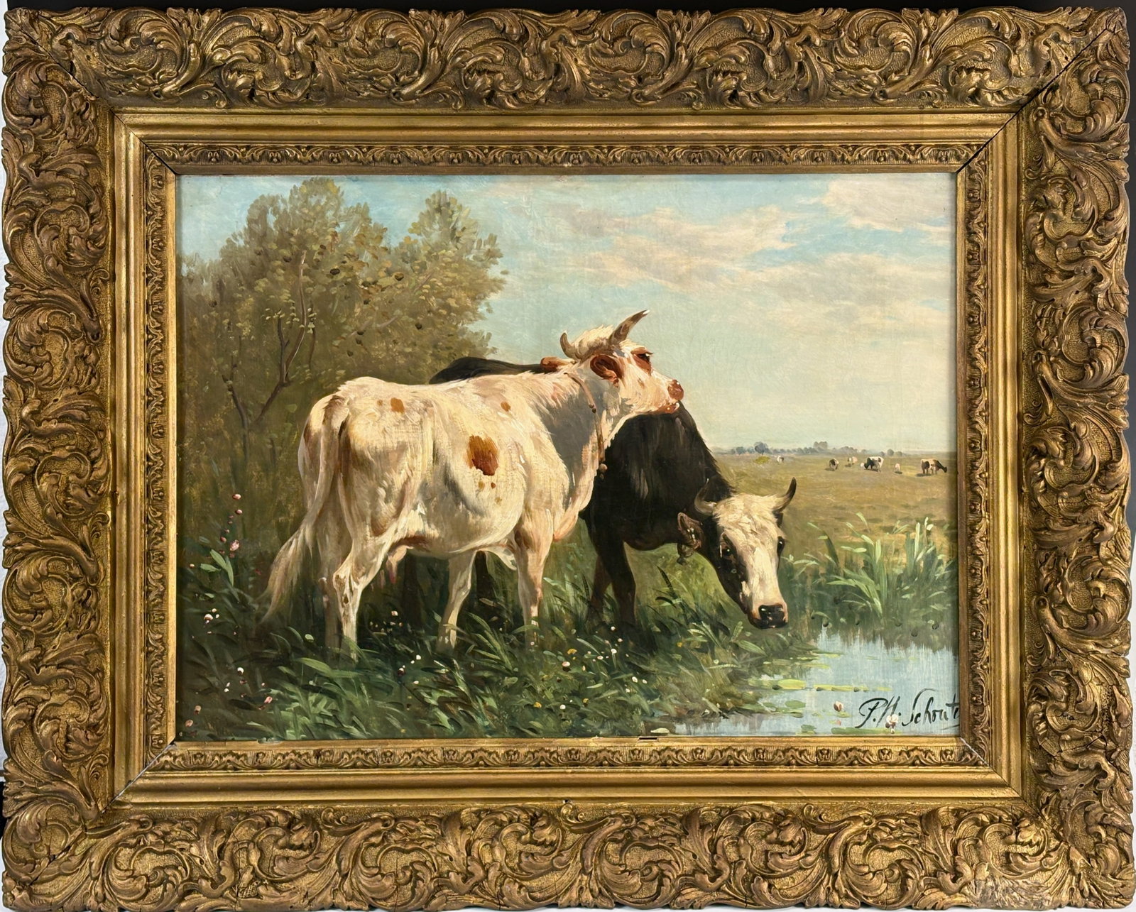 Paul Henry Schouten Pastoral Painting w Cows: Paul Henry Schouten (Belgium 1860-1922) large oil on canvas pastoral painting "Cows In The Meadow by Drinking Hole", signed, mounted in original gilt frame, very good condition, frame with small resto