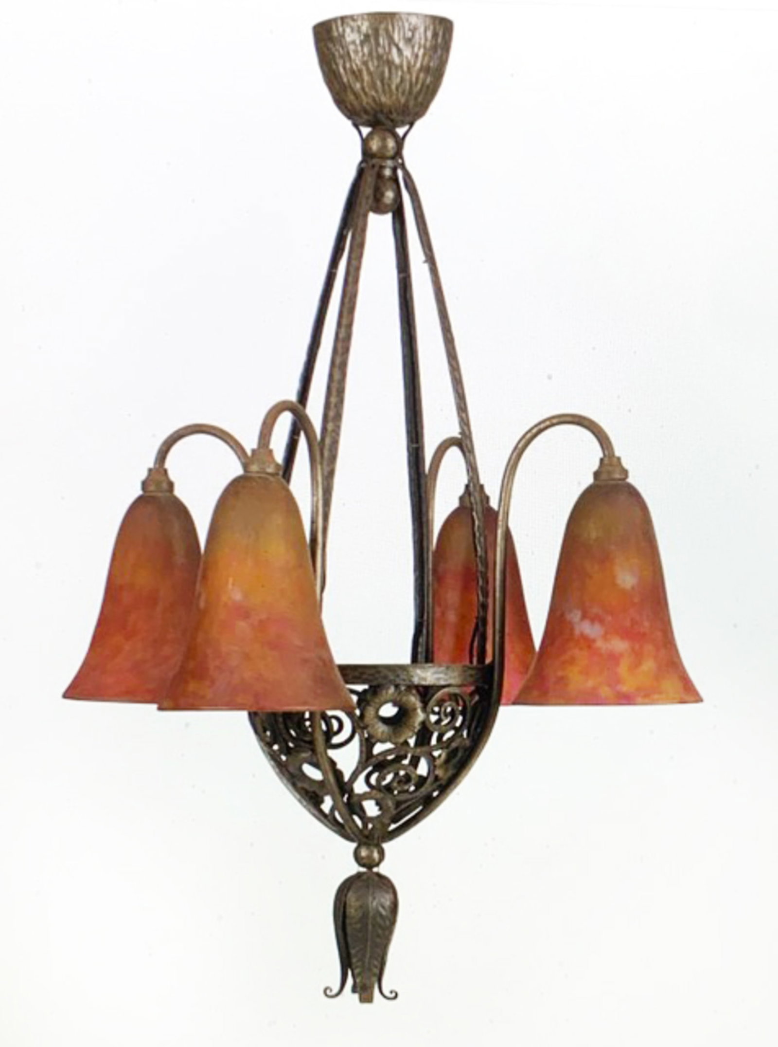 Daum Nancy Art Deco Glass & Iron Chandelier: Circa 1920, a four-light Daum Nancy and iron chandelier with 4 art glass shades, each signed "Daum Nancy". The frame features wrought iron Art Deco design, newly electrified and working, very good con