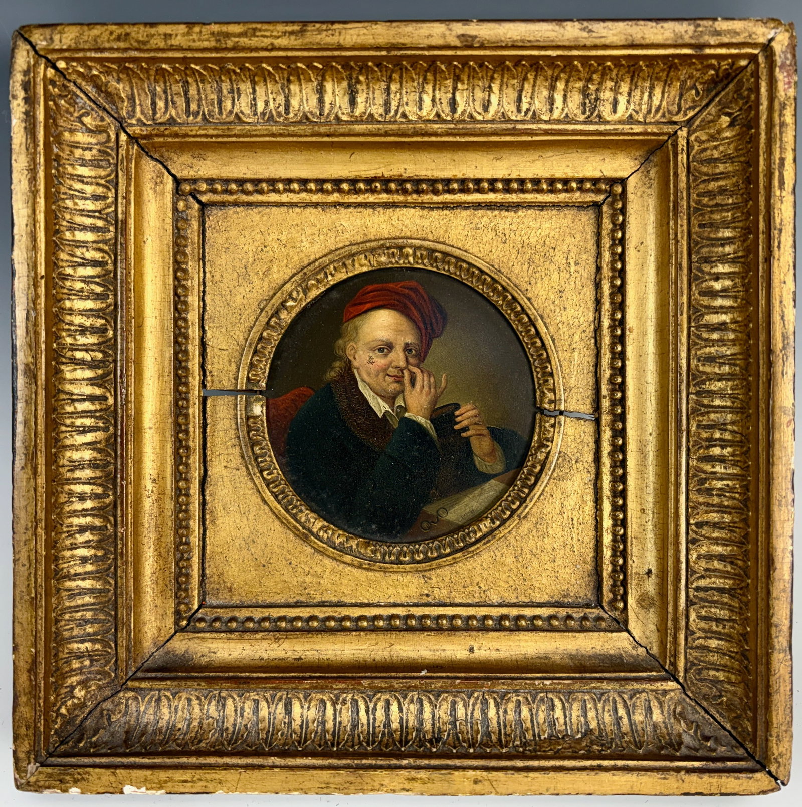 Antique Miniature Painting of a Man Doing Snuff: 19th Century possibly 18th Century, signed Madril, rare miniature oil painting on board of a man doing snuff at a table, mounted in period square gilt frame, very minor chip on right cheek, overall co