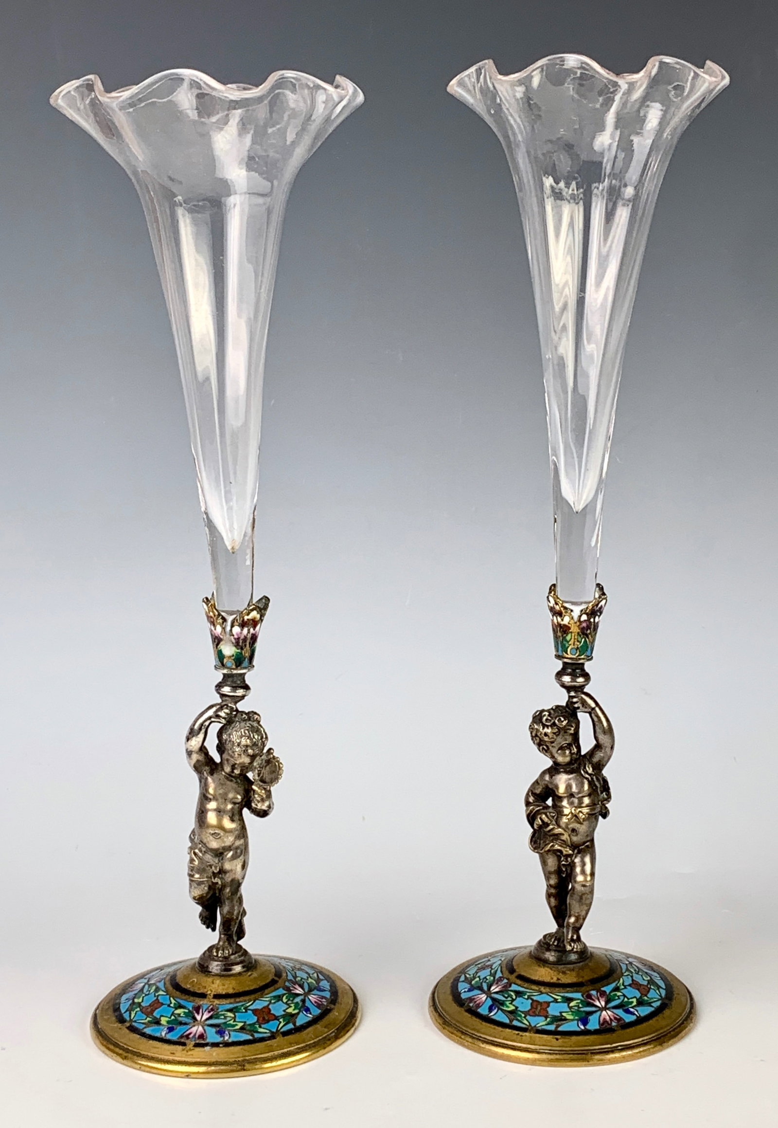 2 French Silvered Bronze Putti & Champleve Vases (1 of 3)