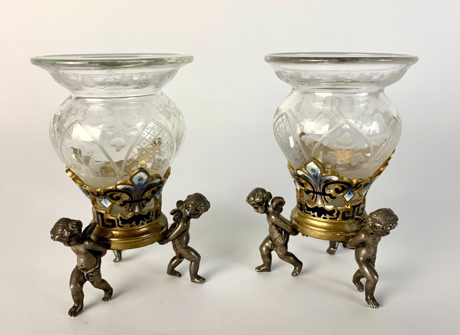 2 Etched Vases w Cherubs Champleve & Bronze Mounts (1 of 4)