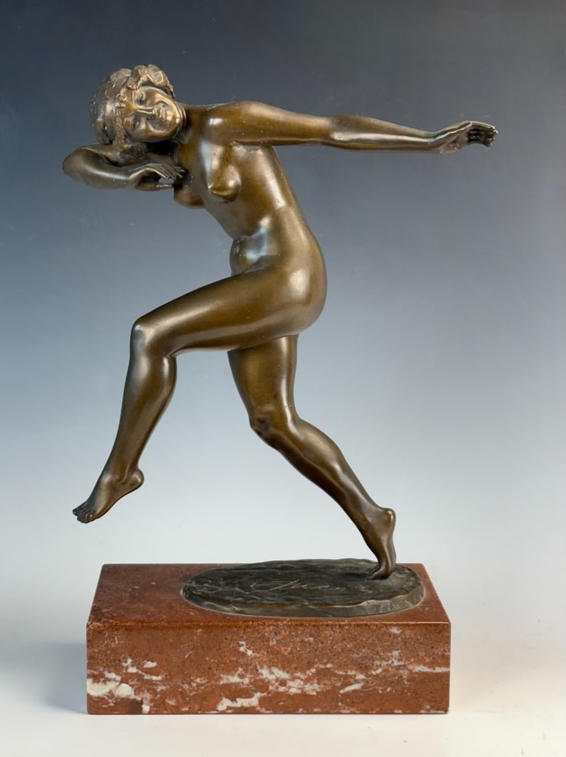 Art Deco Bronze of Nude Dancer Otomar Suchy: 1st half 20th century, Otomar Suchy (b. 1881, Czechoslovakia) impressive period art deco bronze of a nude dancing girl, brown patinaed bronze on reuge marble base, signed on terrace and impressed with