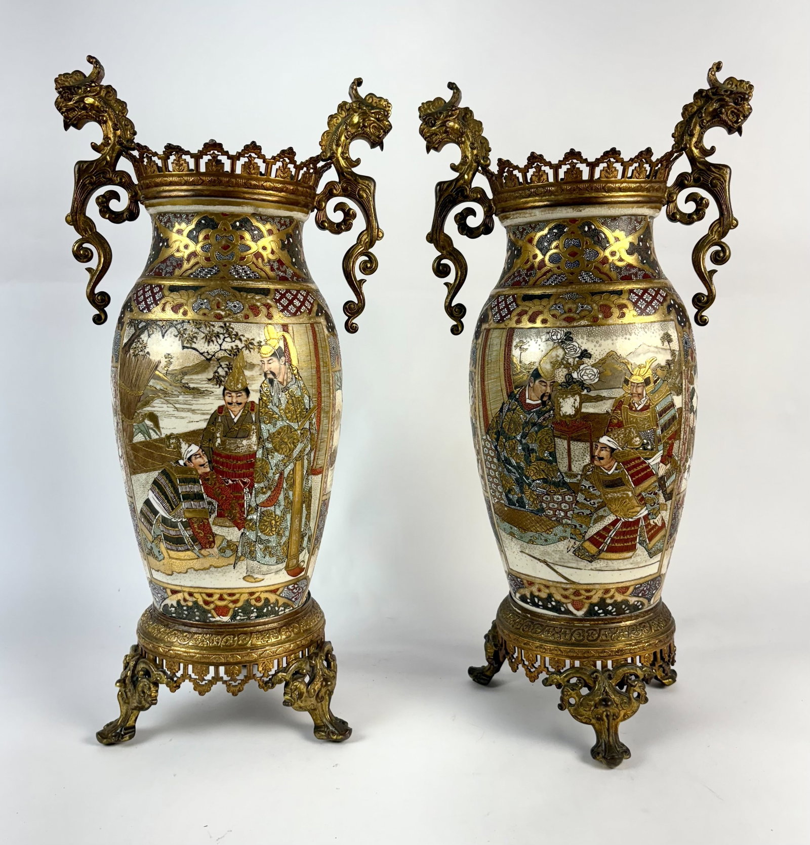 Pair Satsuma Porcelain & Bronze Vases (1 of 7)
