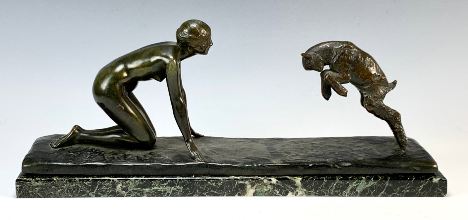 Victor Silvestre Art Deco Bronze Female w Goat: Circa 1920s. Victor Silvestre (1884-1974) Original Art Deco bronze sculpture of a woman with a cabri, made by the well-known Art Deco sculptor from France. This sculpture features a nice brown patina 