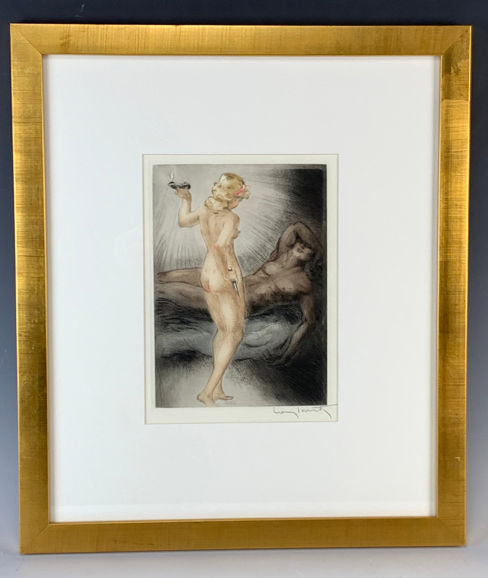 Rare Icart "Les Amours De Psyche De Cupidon": Circa 1949, a rare limited edition of 150. Publisher: Editions de la Cité. Original etching in colors, guaranteed original, matted, and framed. Size: 9.25" tall x 6.75" wide. With frame: 18.25" tall 