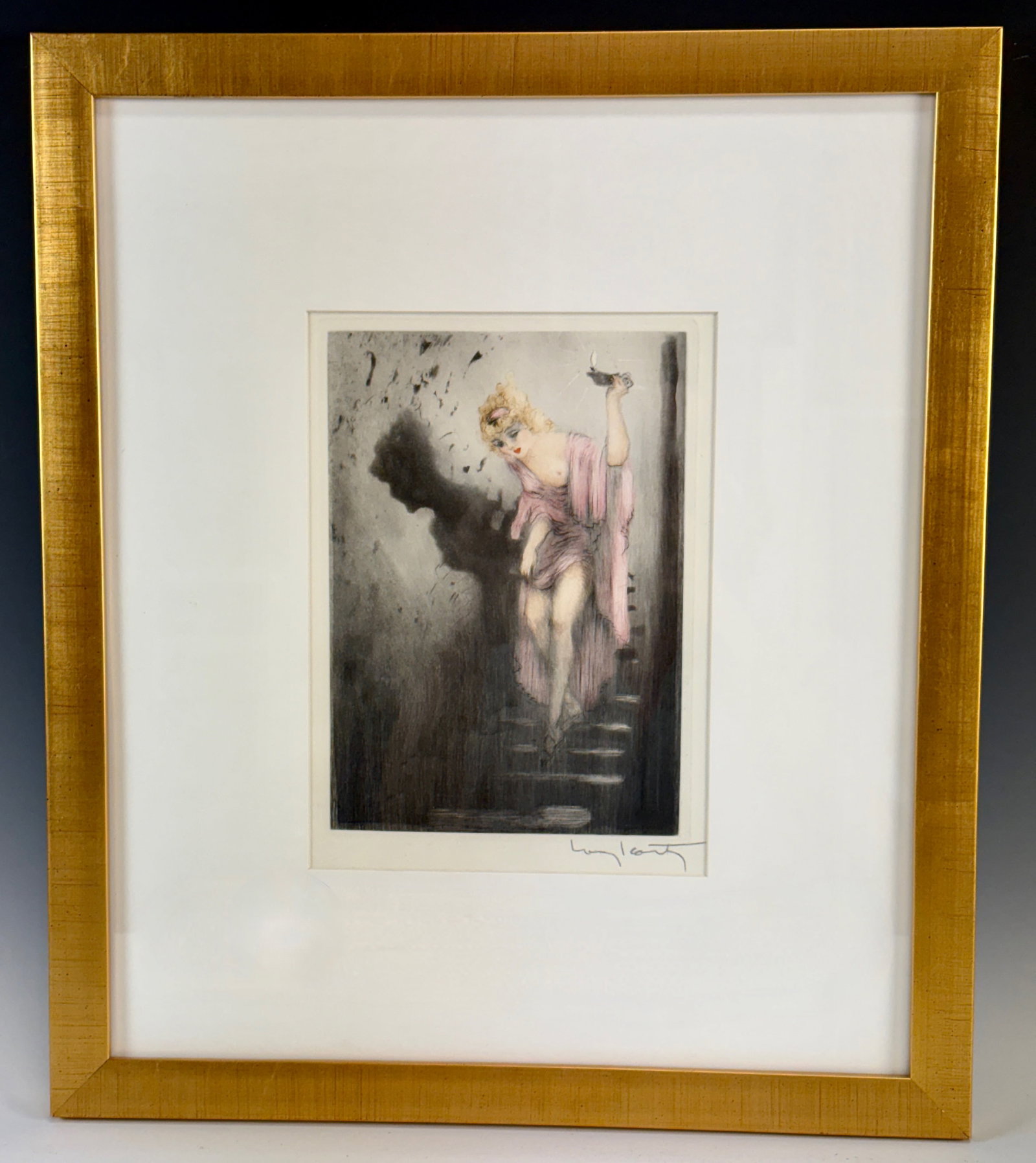 L. Icart Les Amours DePsyche de Cupidon Etching: Louis Icart (France 1888-1950), Rare guaranteed original color etching "Les Amours De Psyche De Cupidon",1949 limited edition of 150, publisher "Editions de la Site", matted and framed, excellent cond