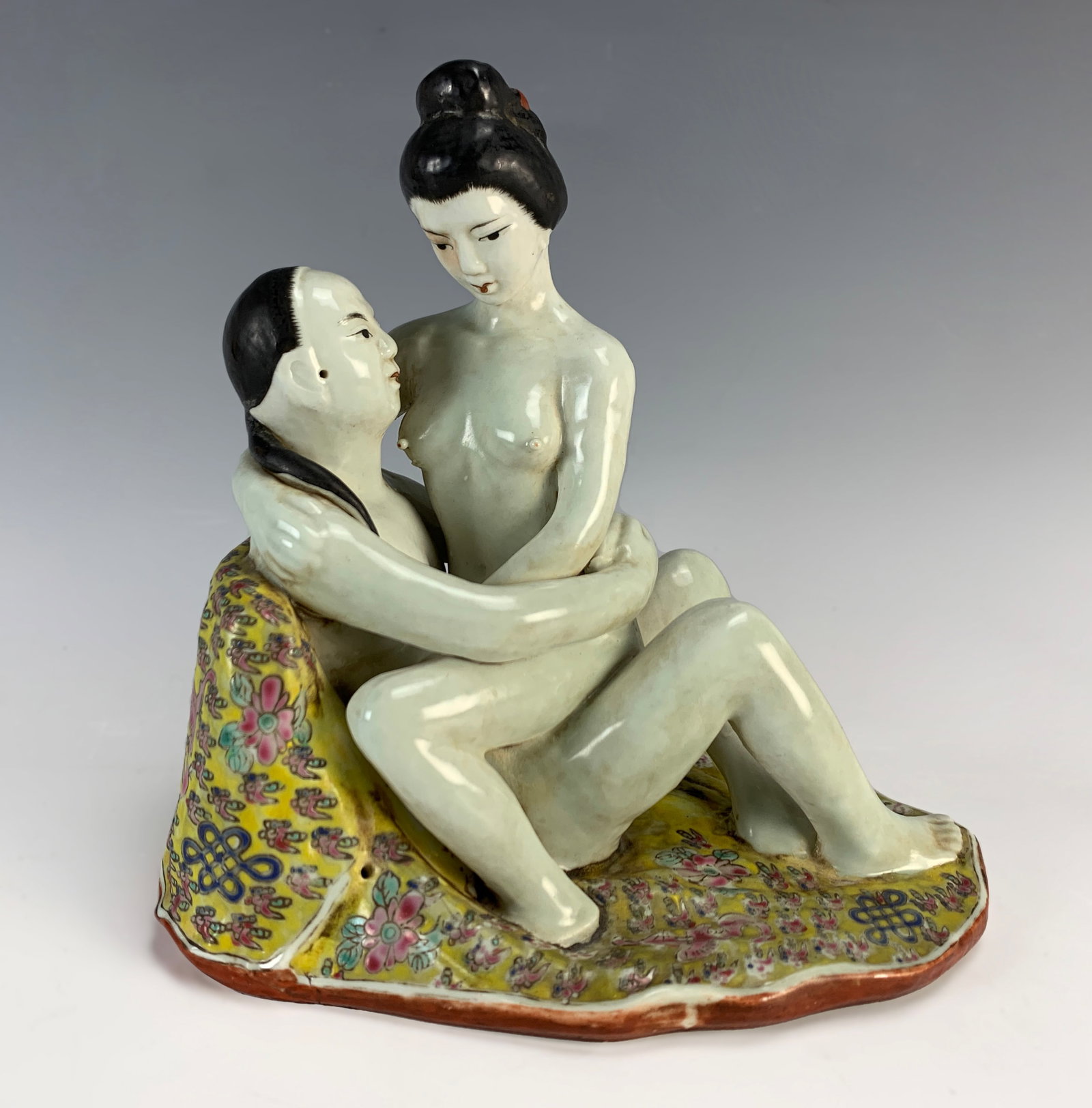 Chinese Erotic Polychrome Engaged Couple: Circa 1900. Made of porcelain and signed with a character mark. Size: 7.5" tall. Condition: very good.Eligible for in-house shipping (U.S. only). Please inquire.