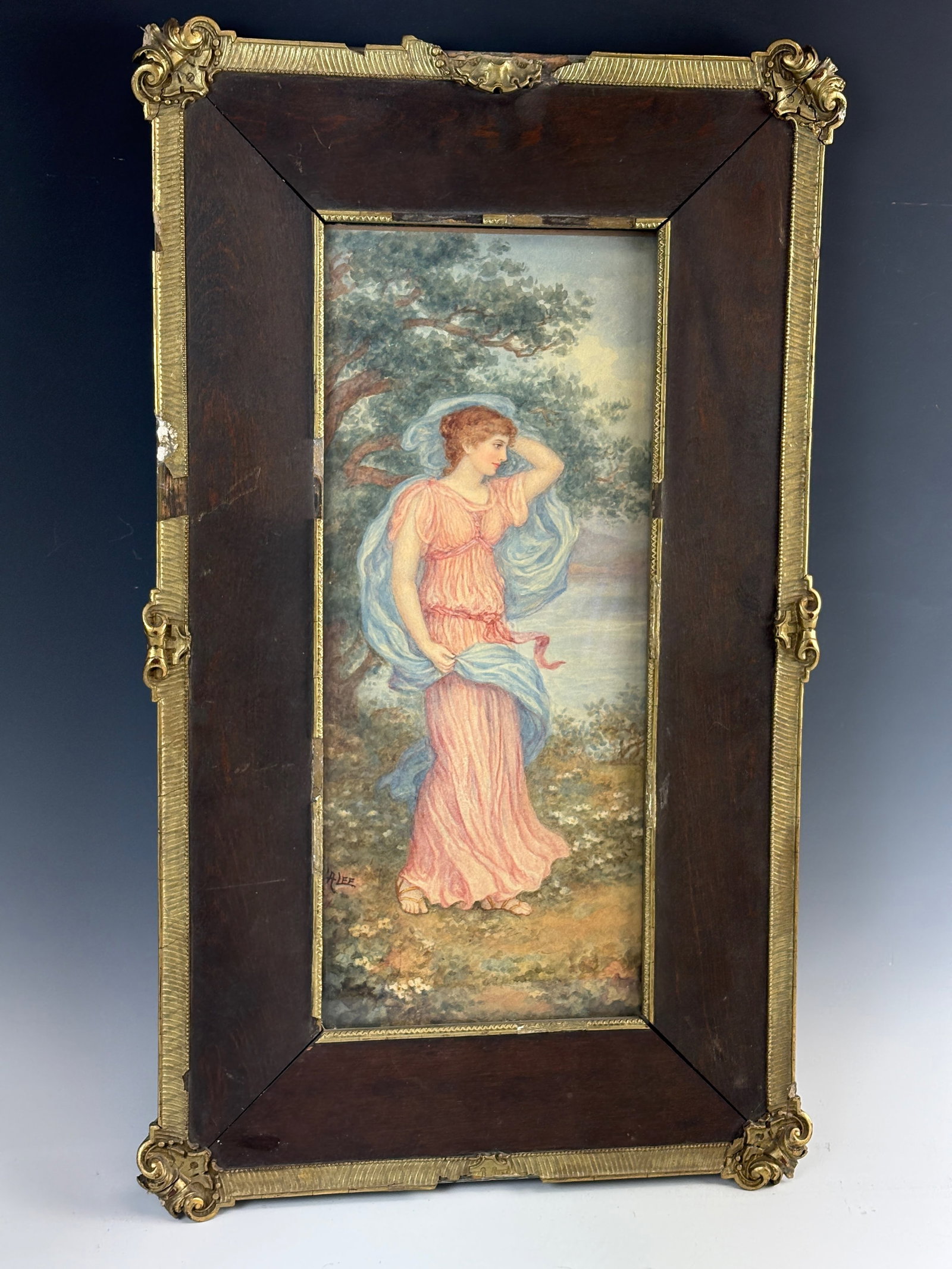 Art Nouveau Watercolor Seaside Beach Painting: Circa 1900, original watercolor painting of a female at the seaside, signed lower left, mounted in wood frame with gold gilt edges, chips to frame, painting in good condition, sight 14" x 6", framed 2