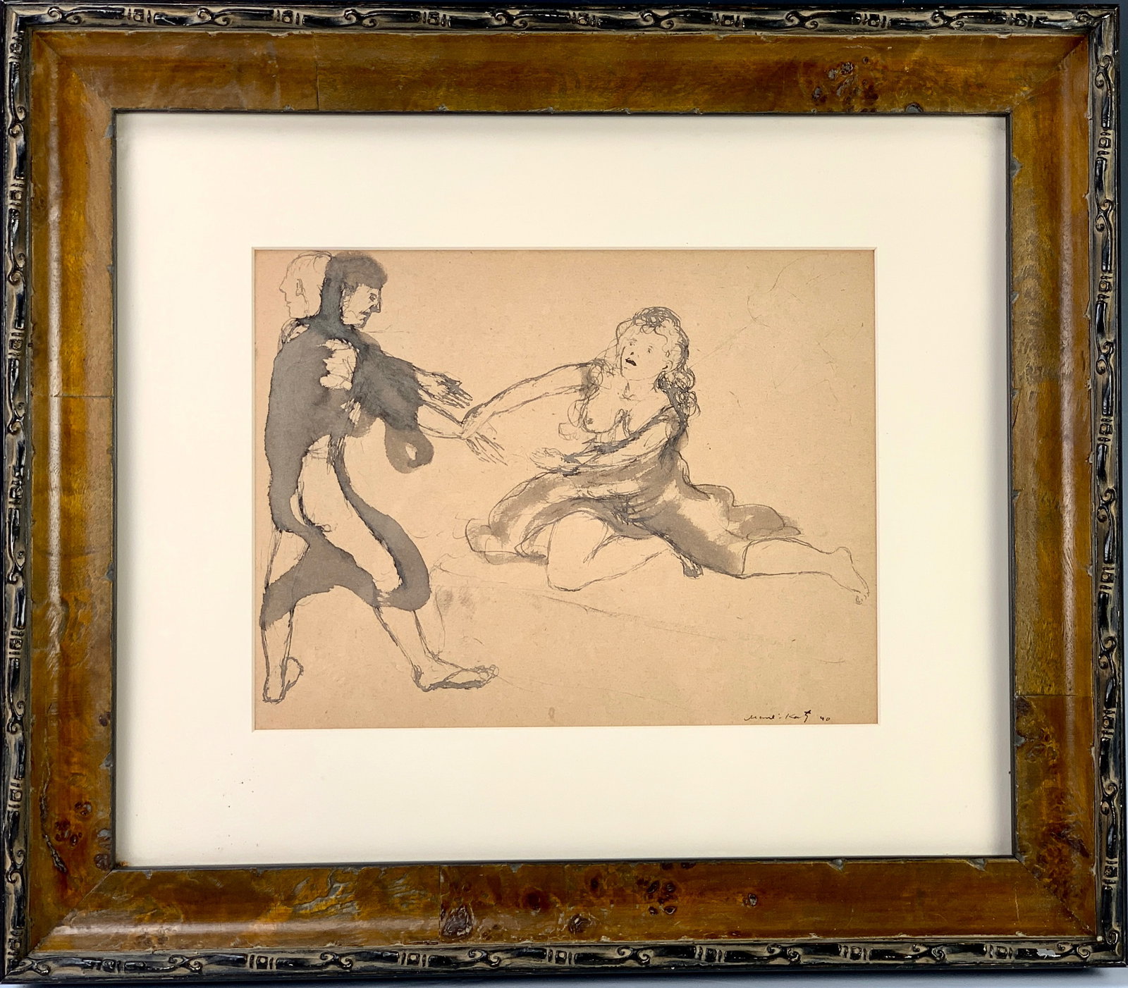 Mane Katz Ink & Watercolor Wash Painting: Mane Katz (1894-1962) known for his depictions of Jewish life and religion, dated 1940, an expressive figure drawing with wash, signed "Mane Katz 40" very good condition, sight 10.75" x 8.25", framed 