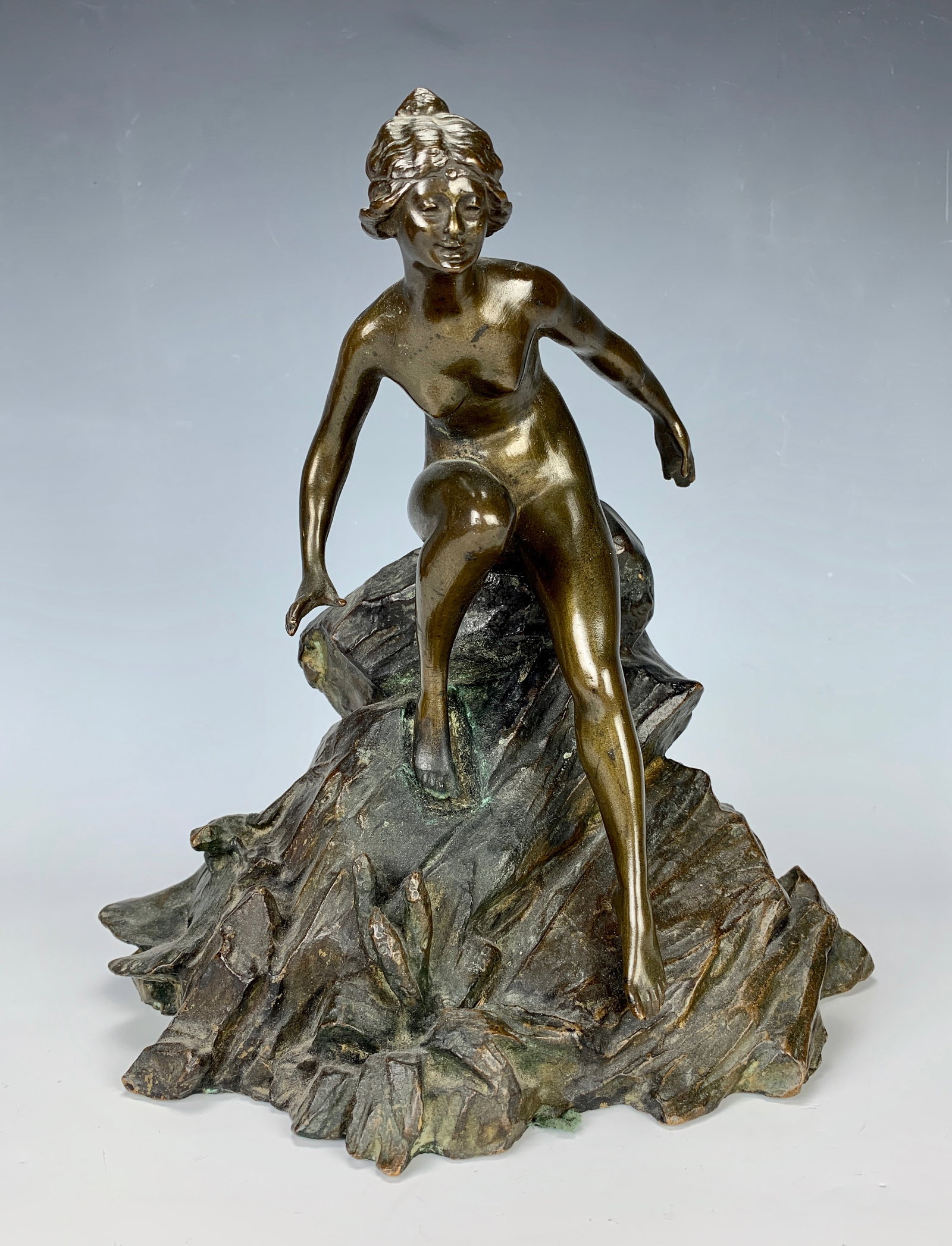 Two Piece Art Nouveau Bronze Nude Sculpture: Circa 1890, "Nude on Rock" patinated bronze figure, two piece set comprised of a beautiful young maiden that fits with a peg onto the rock which has a frog perched upon it, marked with "#18776" appear