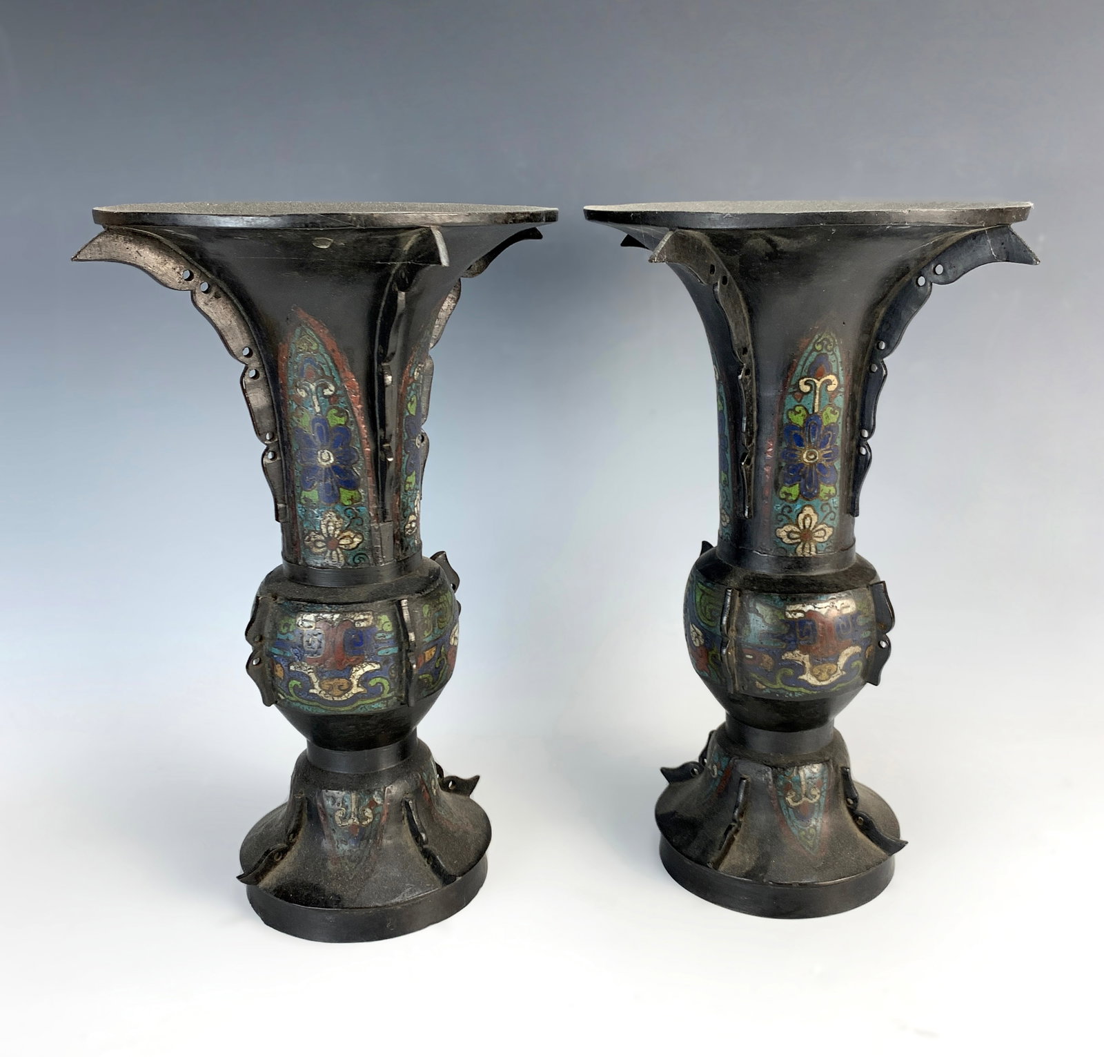 Pair Late 19thC Japanese Champleve & Bronze Vases: Pair of late 19th-century Japanese champleve and bronze vases from the Meiji period, both signed., good condition, 12" tall.