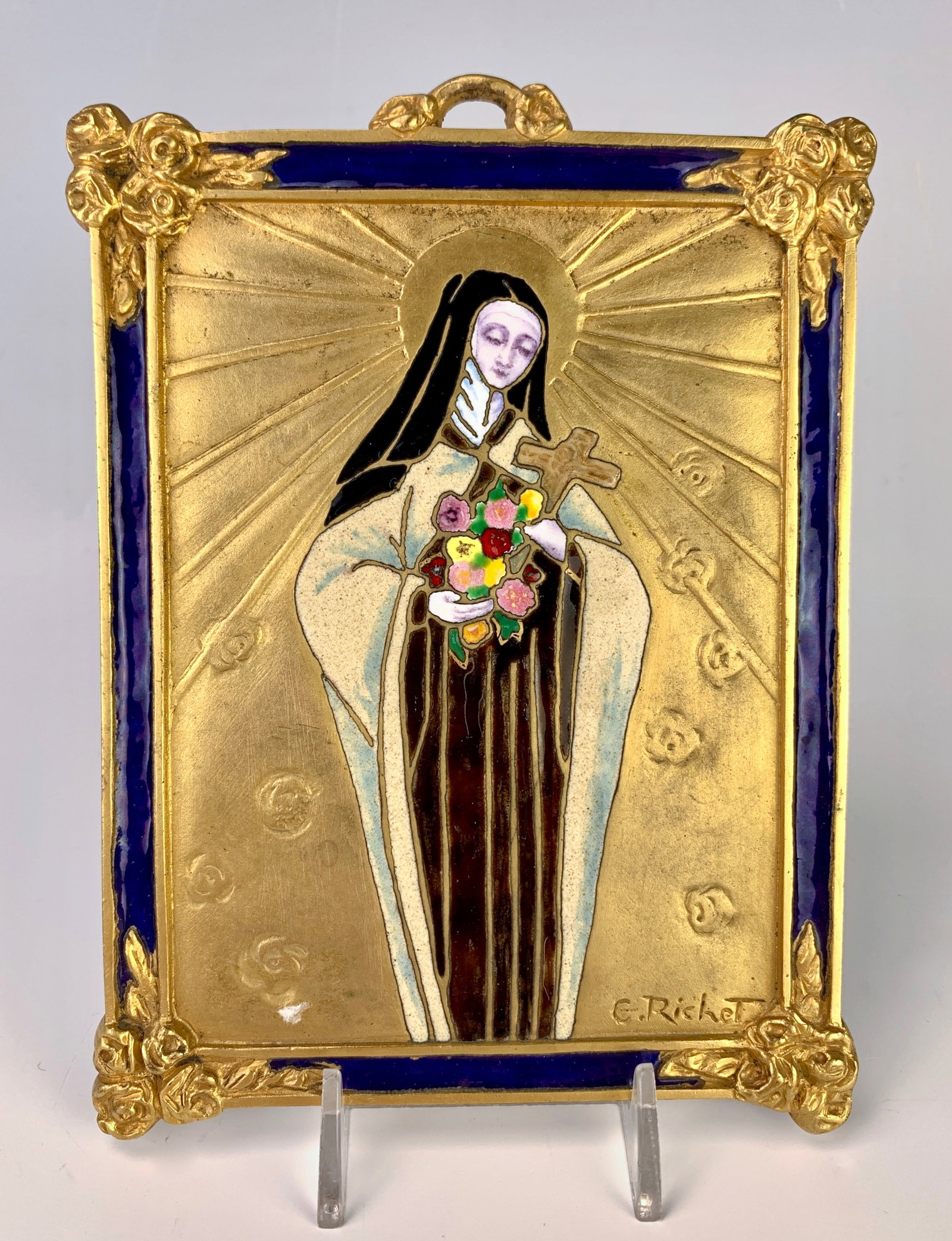French Gilt Bronze & Enamel Plaque Sgd. E. Richet: Late 19th century, Eugene Richet, the accomplished French artist known for his enamel paintings, this a holy woman with cross and flowers in enamels on gilt bronze plaque, signed on lower right "E. Ri