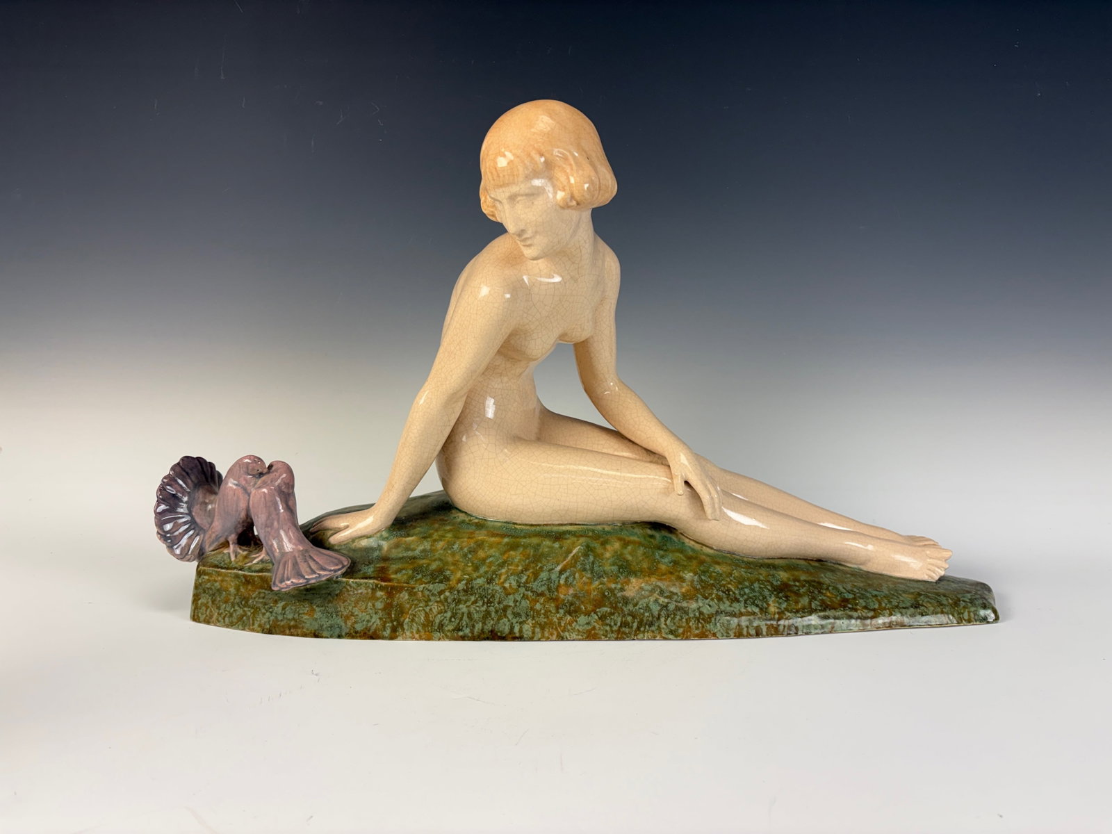 Alexandre Morlon Woman w/ Turtle Doves Figurine: Alexandre Morlon (1878–1951) Circa 1925, elegant ceramic Art Deco sculpture of a nude with turtle doves, artist signed and impressed “Made in France”, excellent condition, 13”× 23&rdq