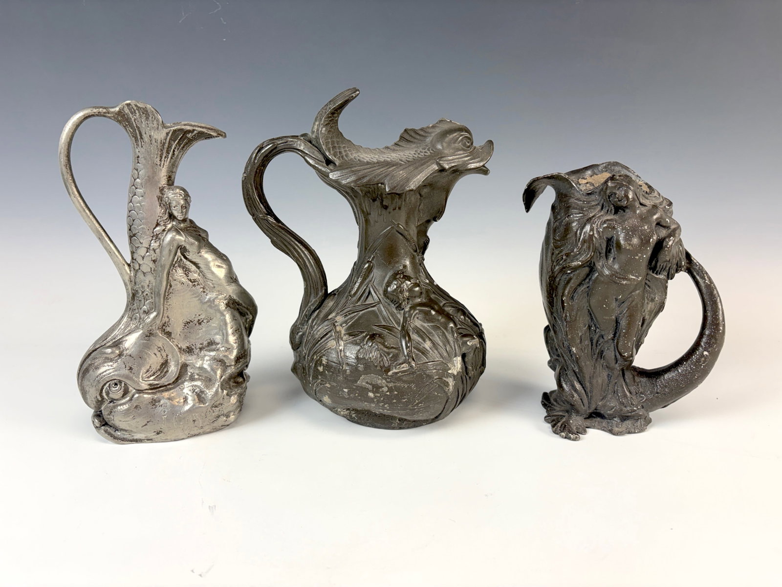 Lot of 3 Signed Art Nouveau Pewter Pitchers (1 of 9)